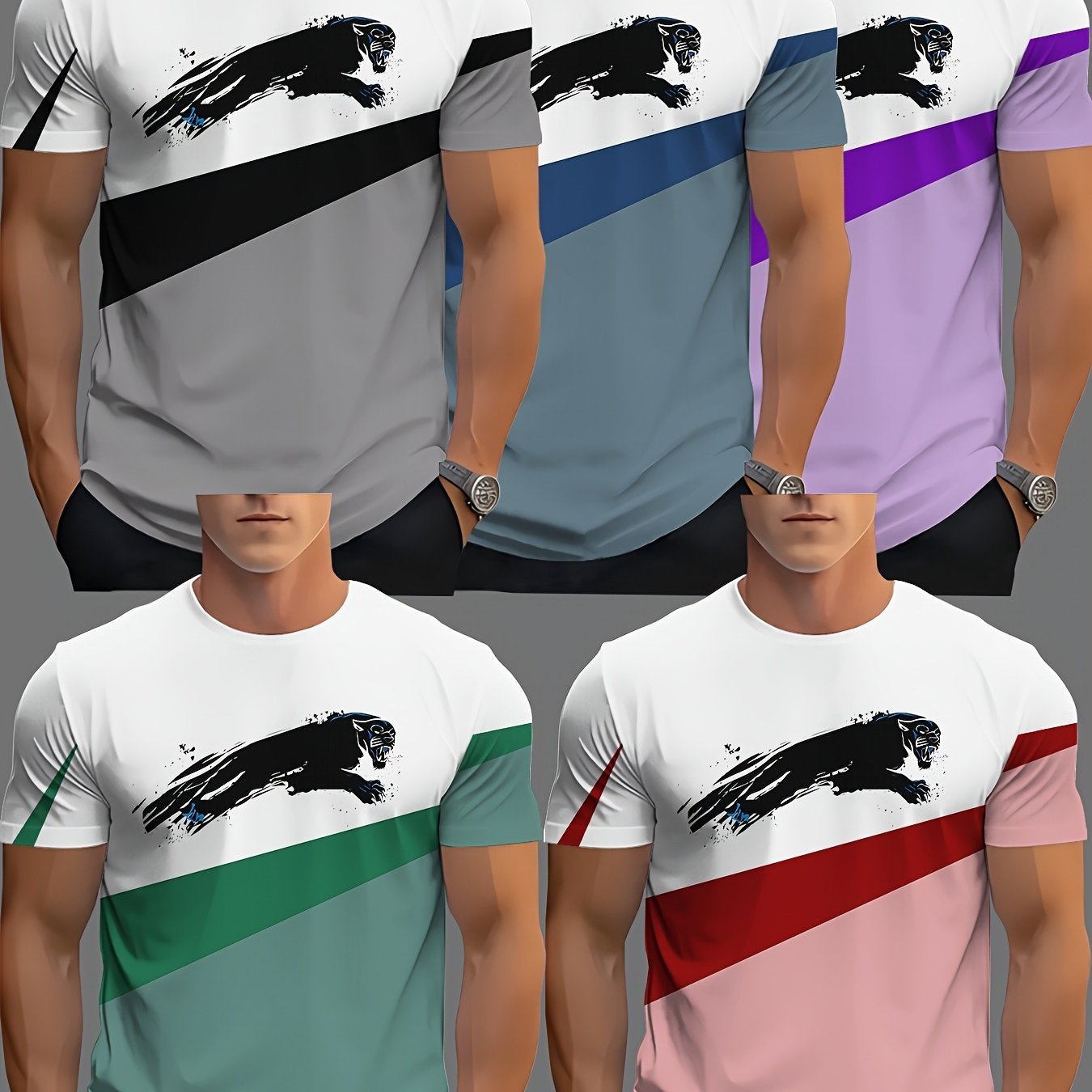 TEMU Men's Novelty T-shirt 5pcs Set, Fashion Casual Short Sleeve Plus Size Men's T-shirts, Plus Size Loose Fit Round Neck Casual Summer