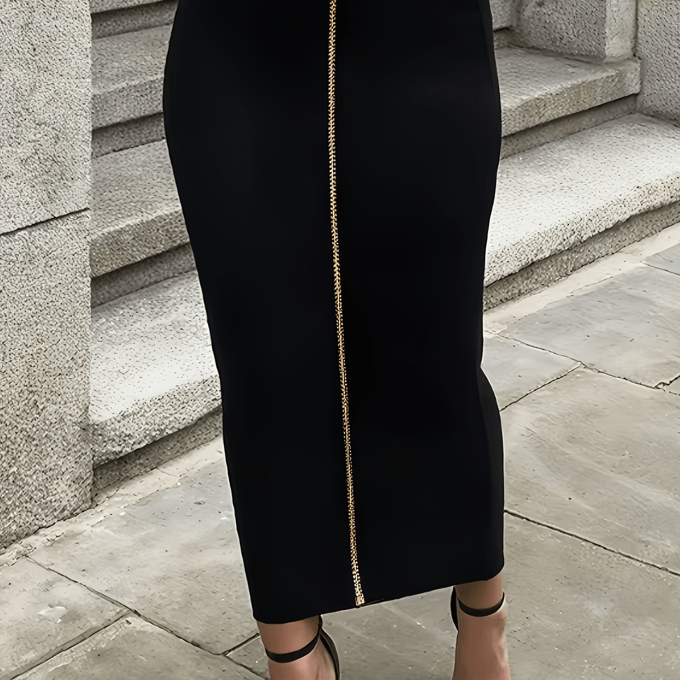 TEMU Women's Black Bodycon Skirt, Elegant And Fashionable Solid Color Zipper Midi Skirt, Spring Summer Fall Casual Outing, Party Gathering, Super
