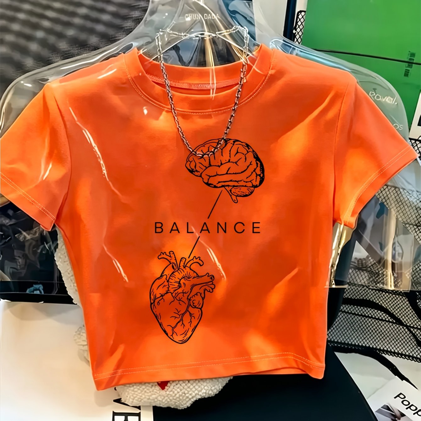 TEMU Women's Balance Print Cropped T-shirt - Semi-sheer Short Sleeve Crew Neck Top With Balance Pattern, Soft Fabric Suitable For Gifts, Birthdays,