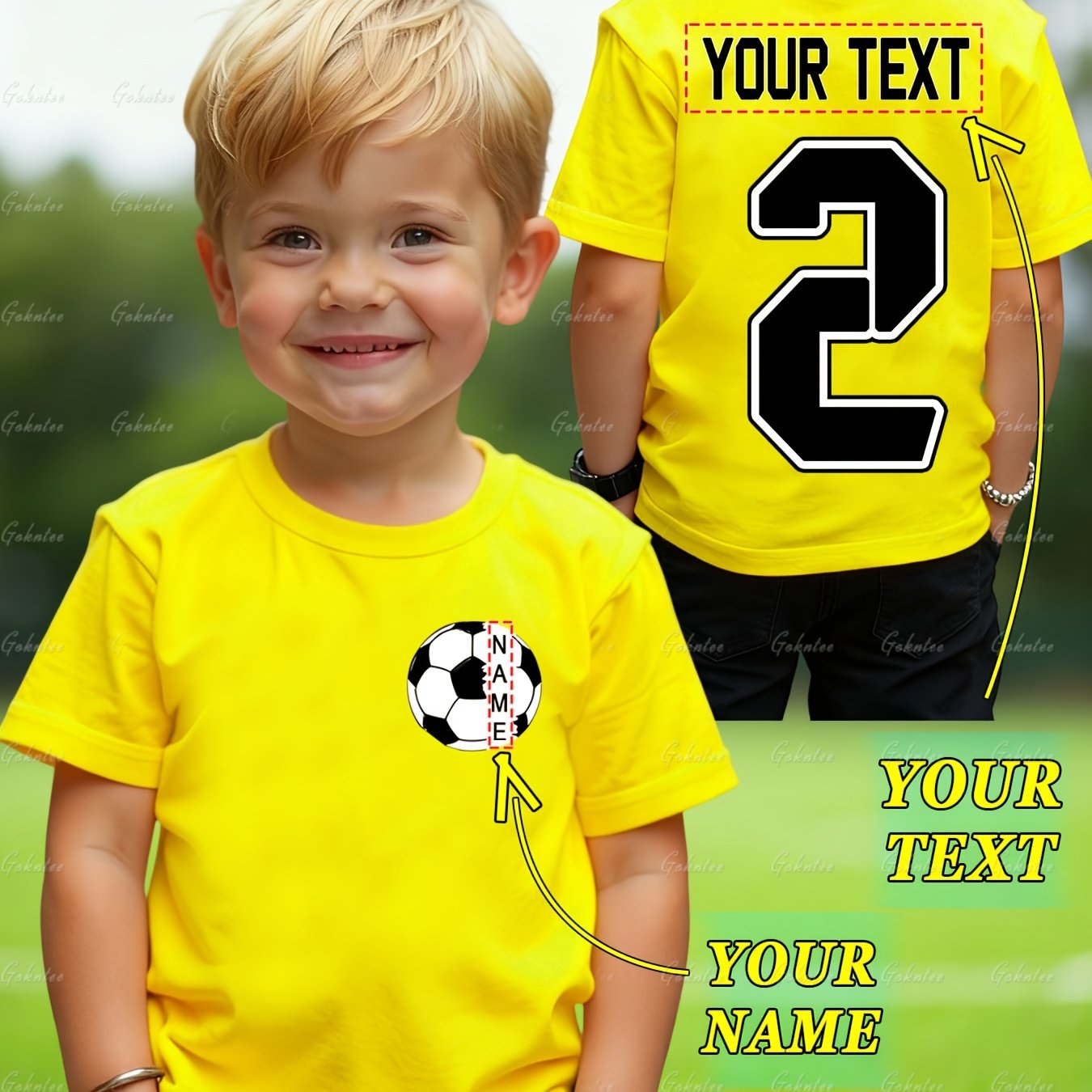 E-shop Personalisiertes Geburtstags-T-Shirt mit Text/Name, doppelseitig, für 1-8 Jahre, Fußball-Nummern-Geburtstagsdesign mit kreativem doppelseitigem
