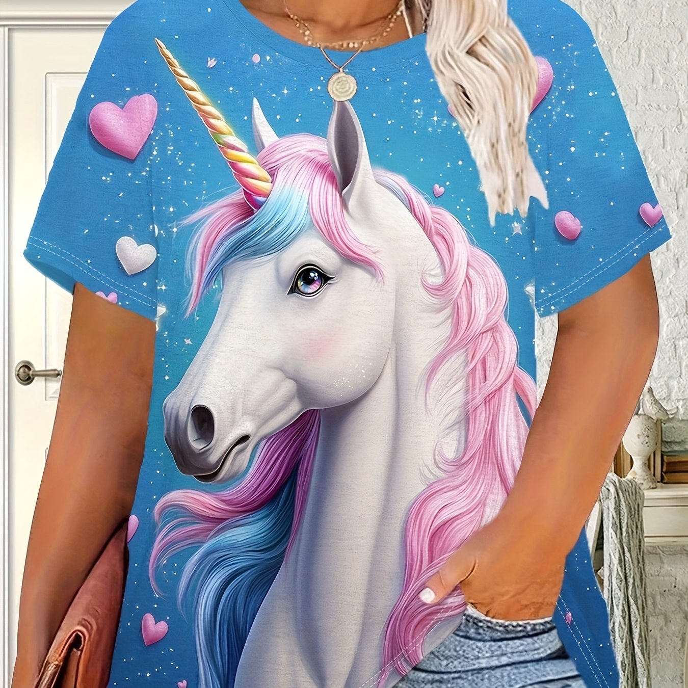 TEMU Plus Size - Plus Size - Plus Size Women's Unicorn Graphic Tee - A Casual Short-sleeve Round-neck Top With A Cute And Sweet , Breathable And