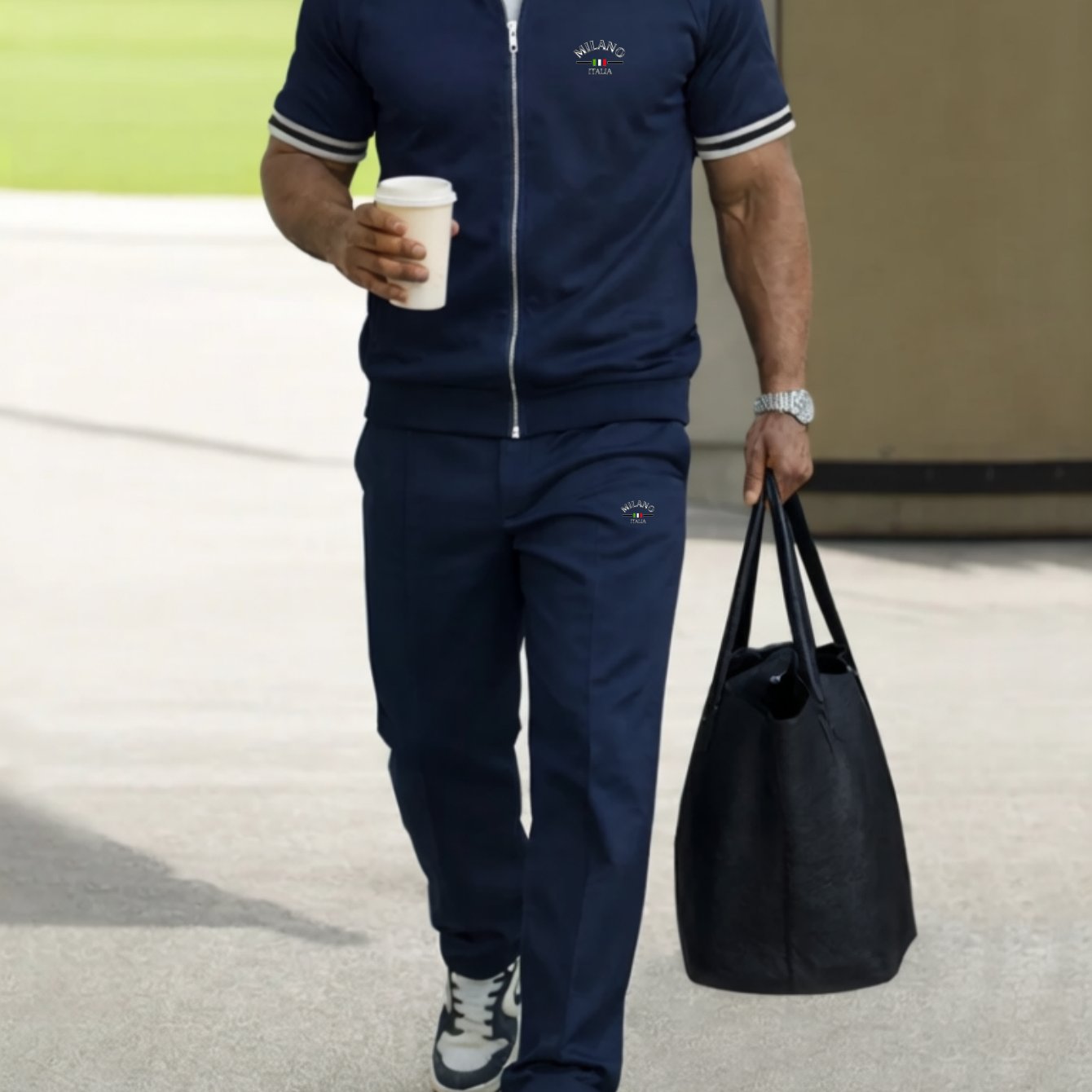Image of 2pcs Set: Men's Casual Sportswear - Baseball Collar Short-sleeve Jacket + Drawstring Pants (multiple Colors ), Plus Size