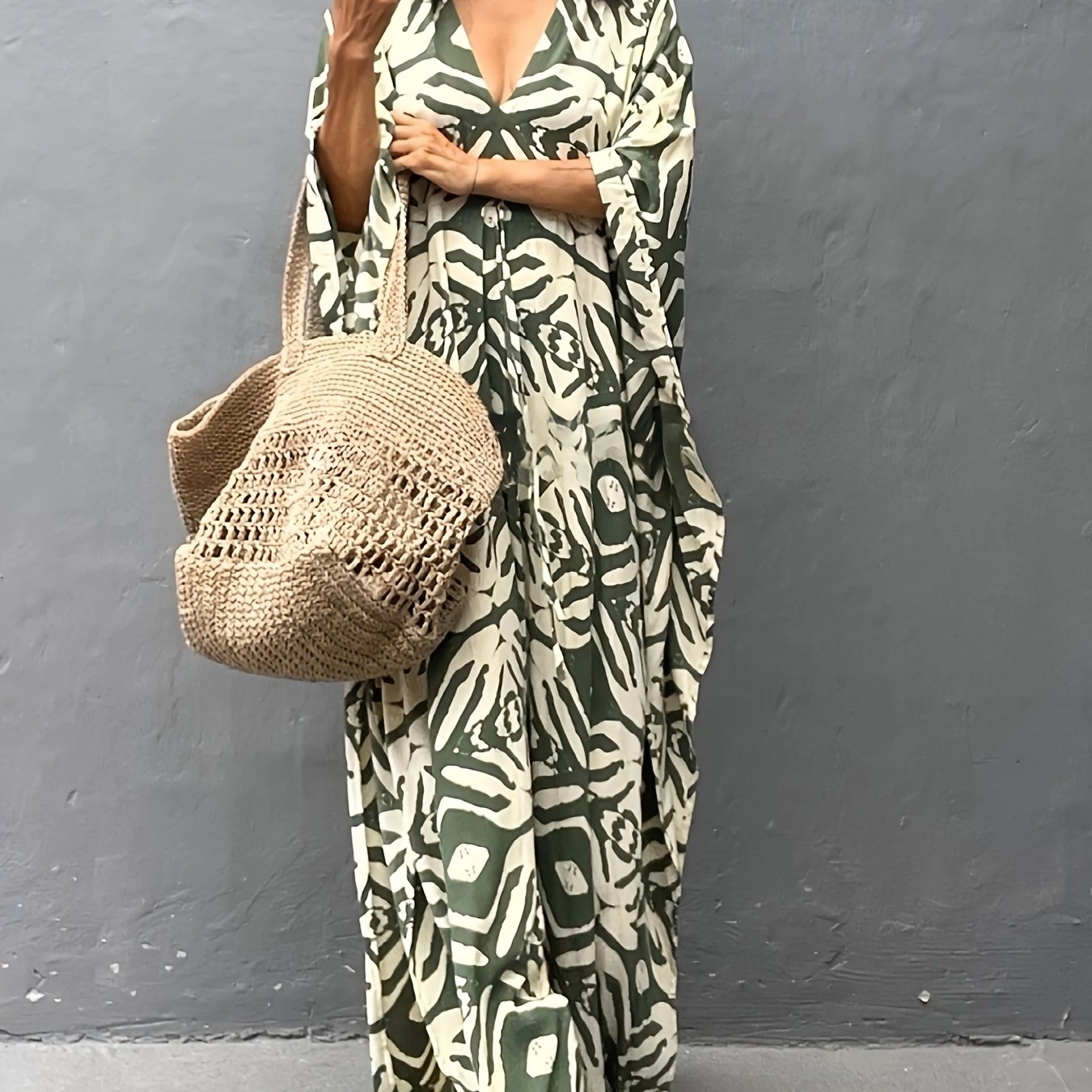 Image of Women's Bohemian Beach Cover-up Summer V-neck Drawstring Waist Geometric Print Swimsuit Cover-up Dress - Machine Washable Lightweight Resort Wear For Poolside & Vacation, Flowy Texture