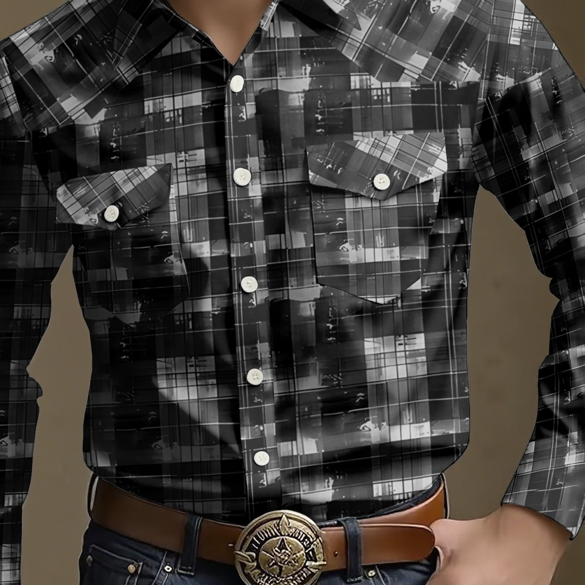 TEMU Men's Fashion Azure Plaid Long Sleeve Shirt, Autumn, Casual, Regular Fit, Breathable, Daily