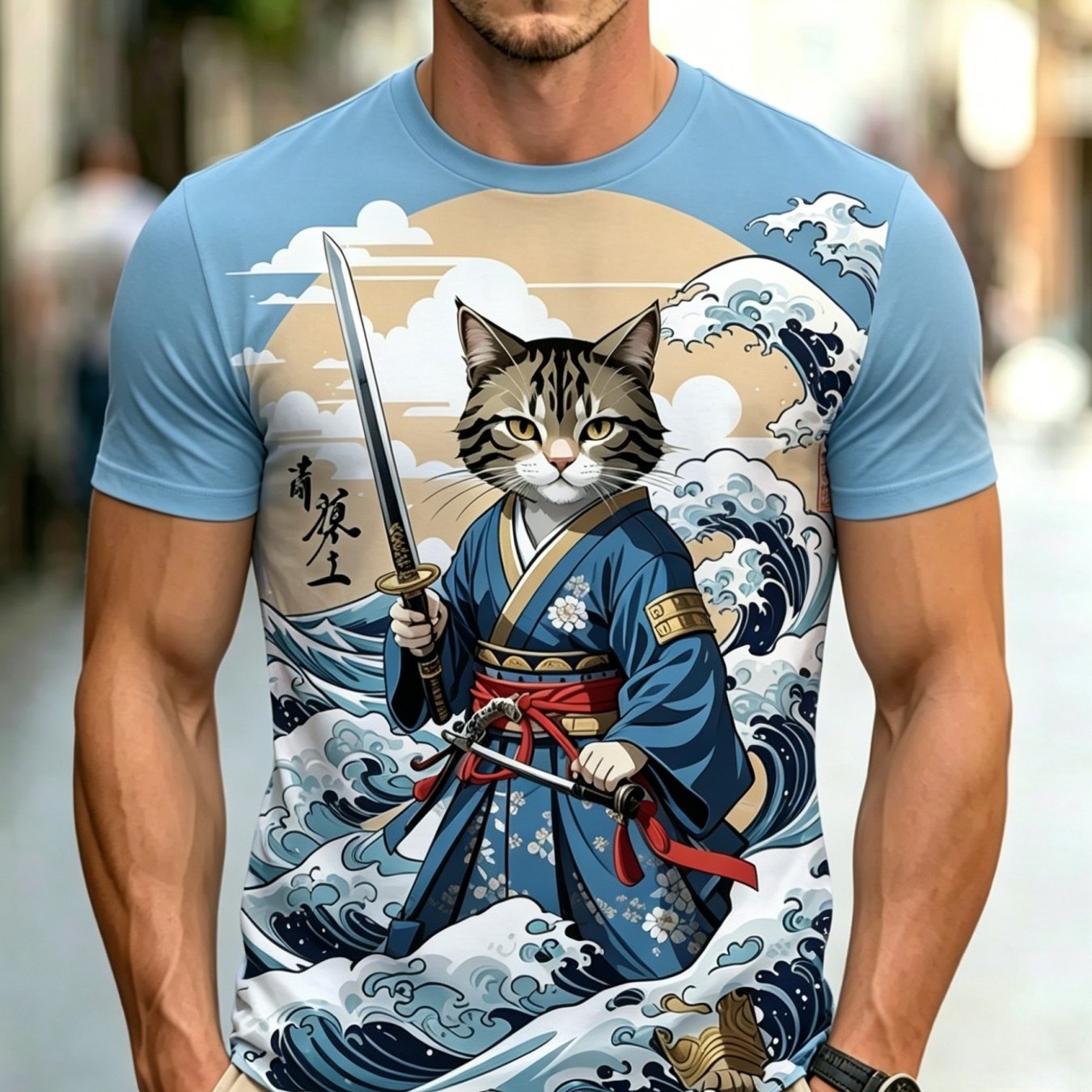 TEMU Summer Streetwear Men's Clothing, Japanese Cat Pattern, Outdoor Casual Top, Casual Fashion Outfit, Machine Washable