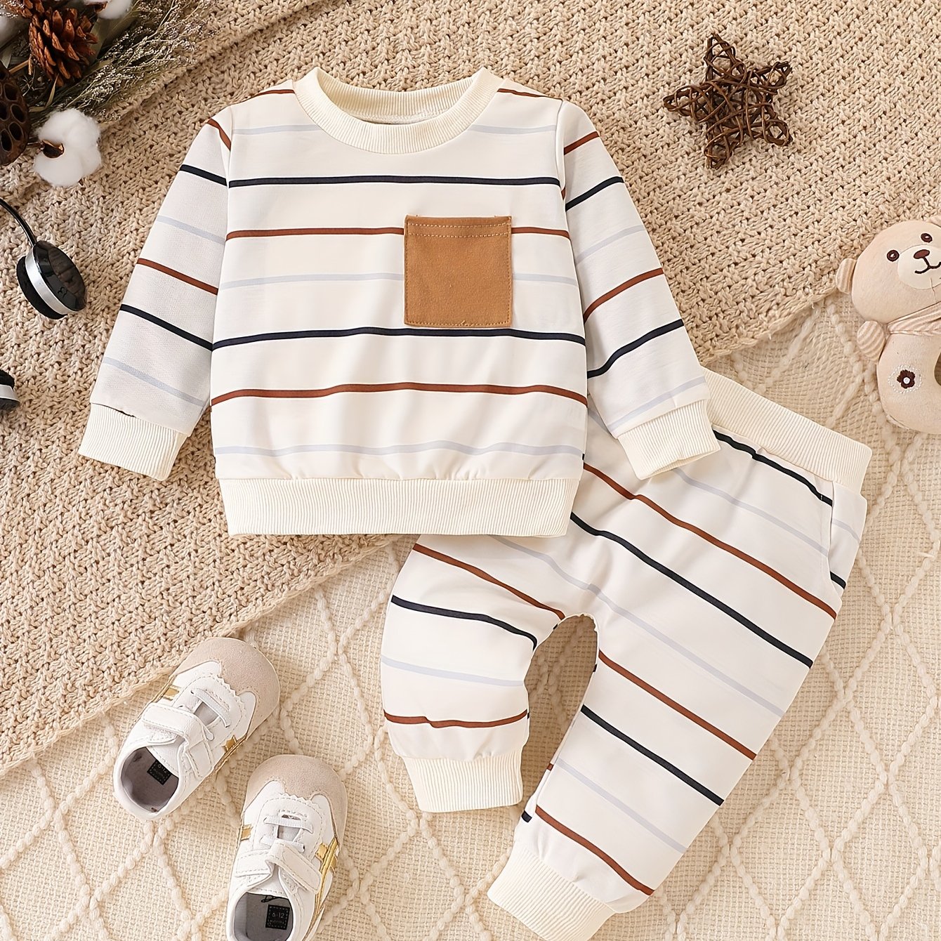E-shop Herbst- Winter-Baby-Set mit weißen Streifen langen Ärmeln, bequem vielseitig für den täglichen Gebrauch, ideal für draußen