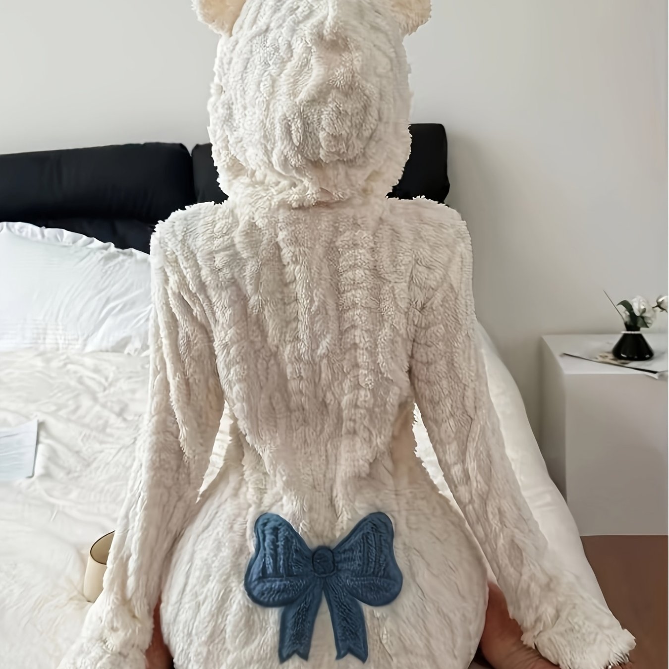 TEMU Women's Autumn/winter Warm Jacquard Plush Hooded Zip-up Backless Jumpsuit With Contrasting Embroidery, Long Sleeves, And Shorts