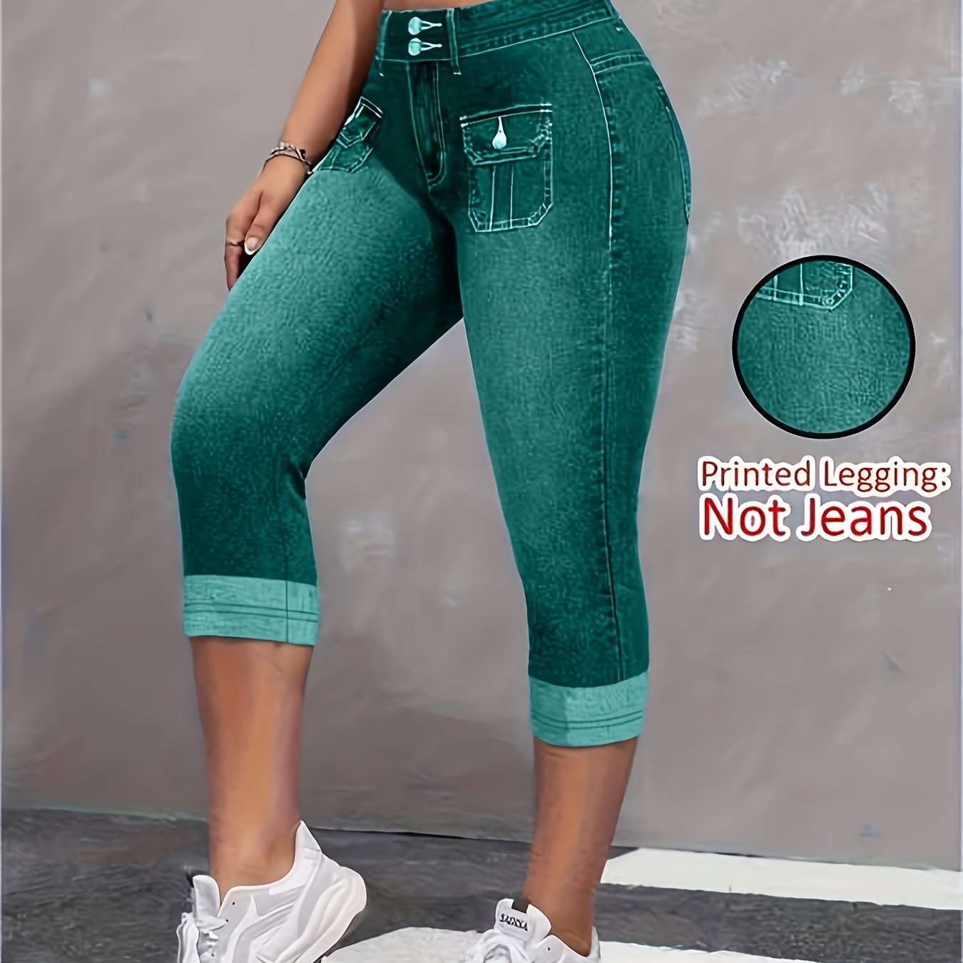 TEMU Plus Size, Women's Plus Size Printed Capri Leggings Elegant High Waist Elastic Waistband Fashionable Women's Leggings Machine Washable