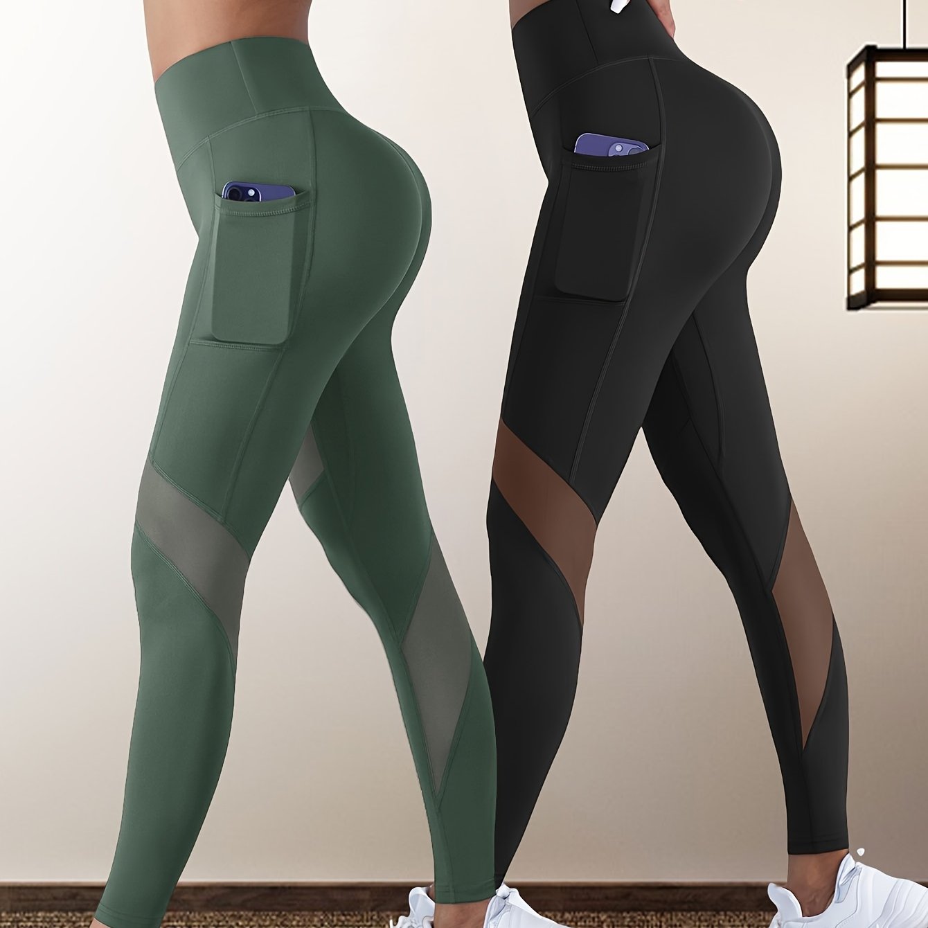 E-shop Ein Set aus zwei Yoga-Caprihosen mit Mesh-Spleiß, Outdoor-Fitness-Workout-Hosen, Po-Lifting- und Bauchkontroll-Leggings, atmungsaktive und