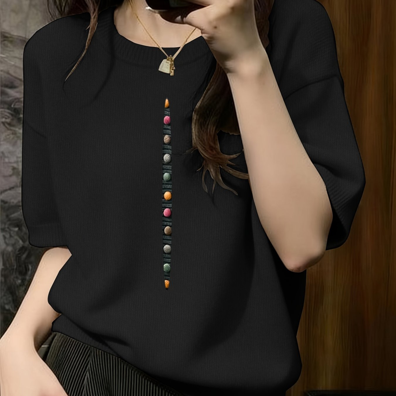 TEMU Women's Round Neck Short Sleeve Sweater, Versatile , - Selling Sweaters Printed Design â Not Textured Pattern