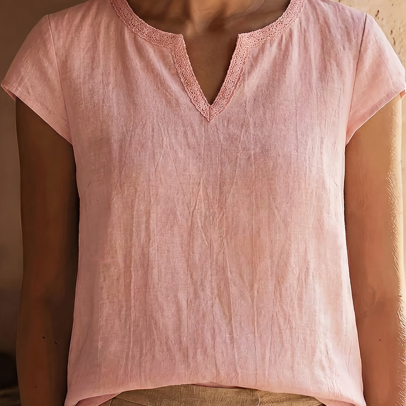 Image of Summer Women's Casual Elegant New Style Gentle Age-reducing Figure-flattering Solid Color 100% -neck Short-sleeve T-shirt Blouse Asd1
