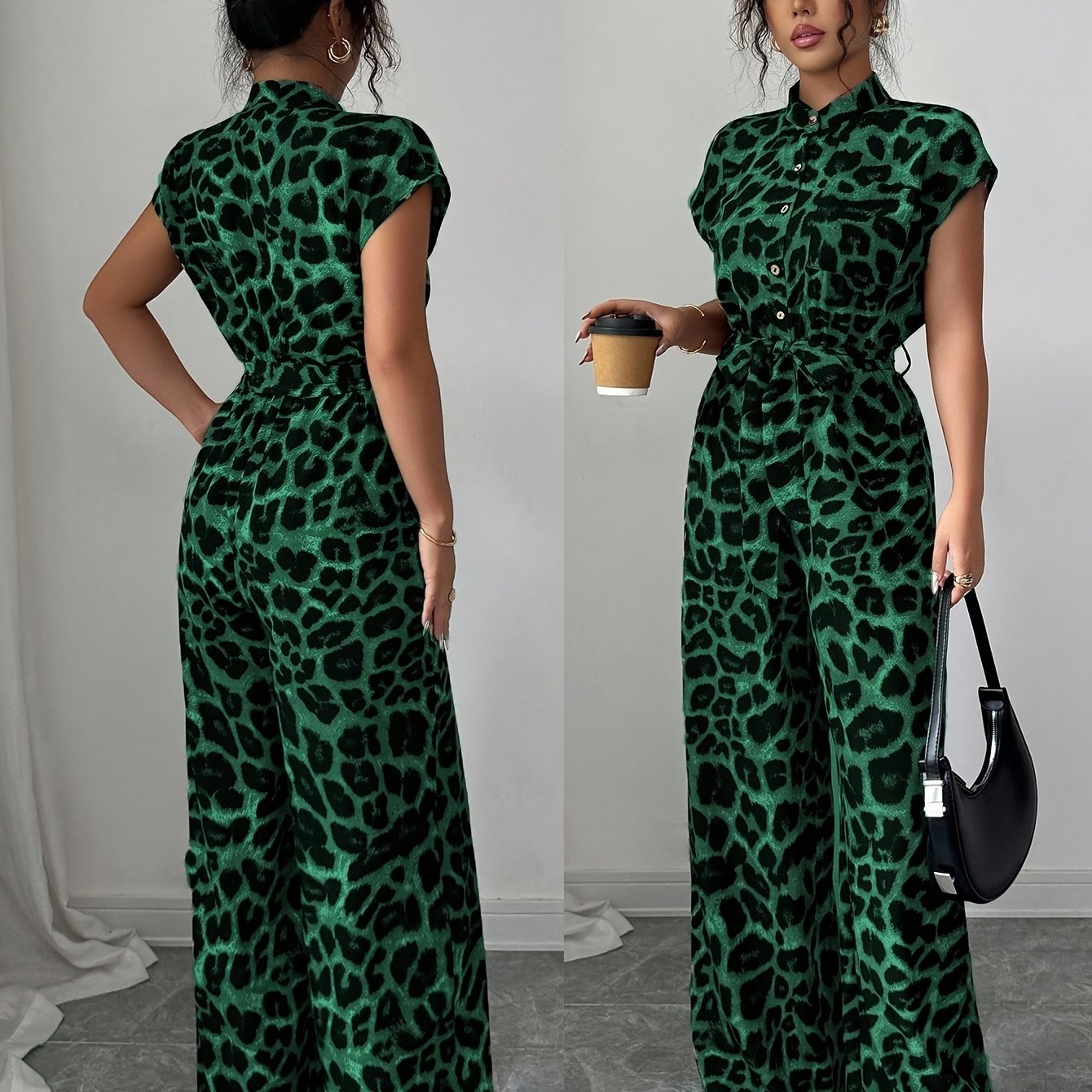 E-shop Europäischer Amerikanischer Frühling/Sommer Neu Zufälliger Druck Stehkragen Urlaubsstil Elegant Casual Gürtel-Jumpsuit