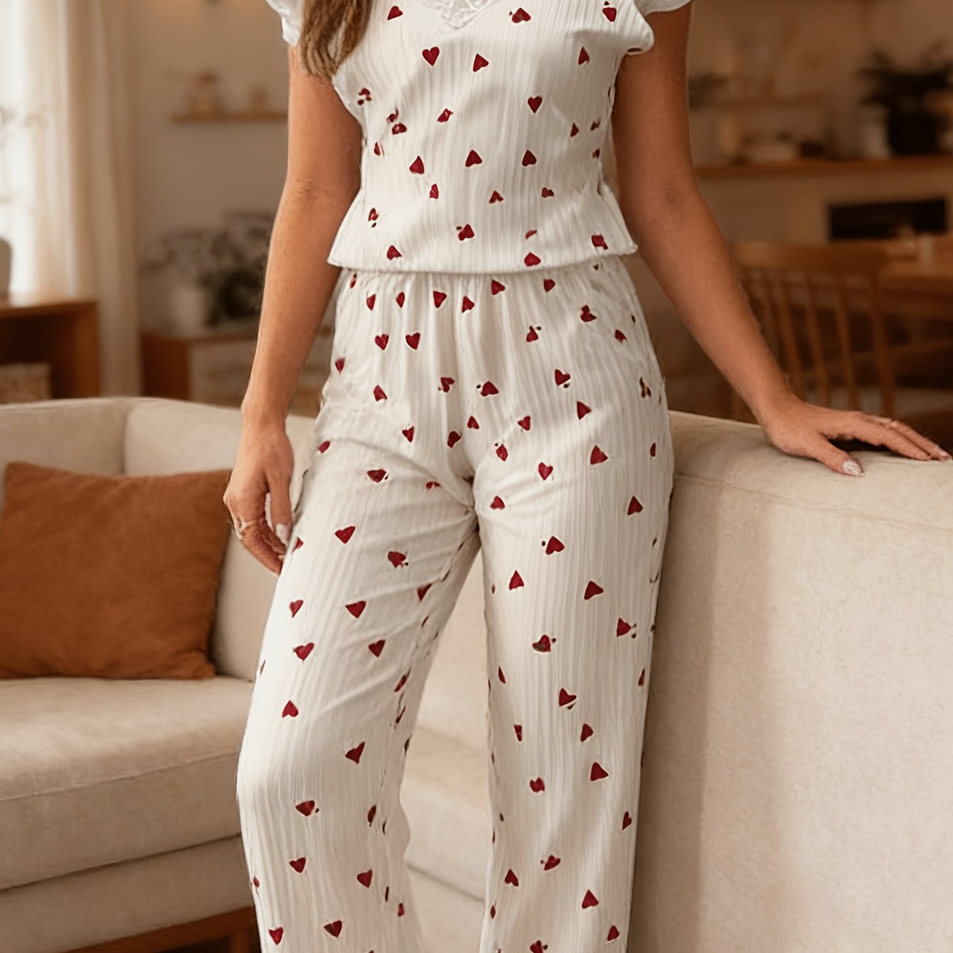 Image of Women's Summer Nightgown With Heart Pattern And V-neck Lace , Short-sleeved Top, Casual Bottom, Women's Set, 2pcs Comfortable Sleepwear Set