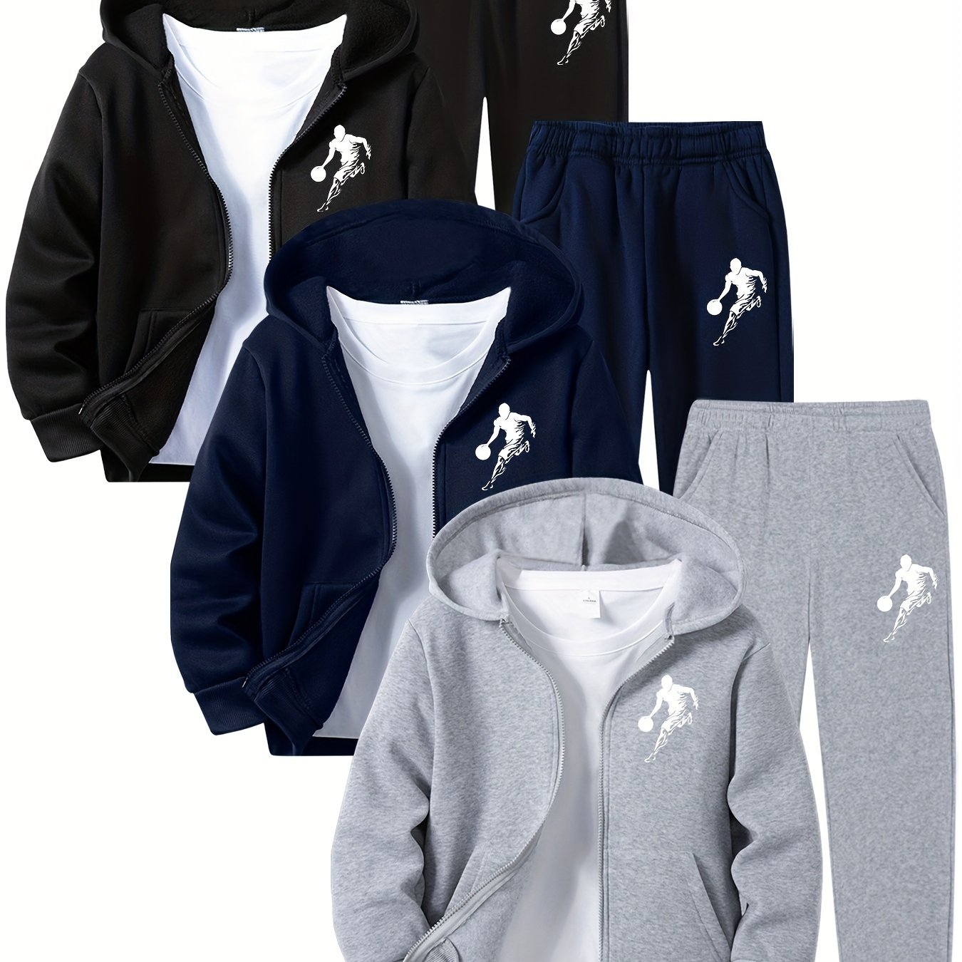 Image of 3 Sets Of Boys' Zip-up Hoodie + Sweatpants Sets, Basketball Player Print Children's Casual Sportswear, Fashionable Autumn/winter -lined Team Uniforms, Perfect For Outdoor