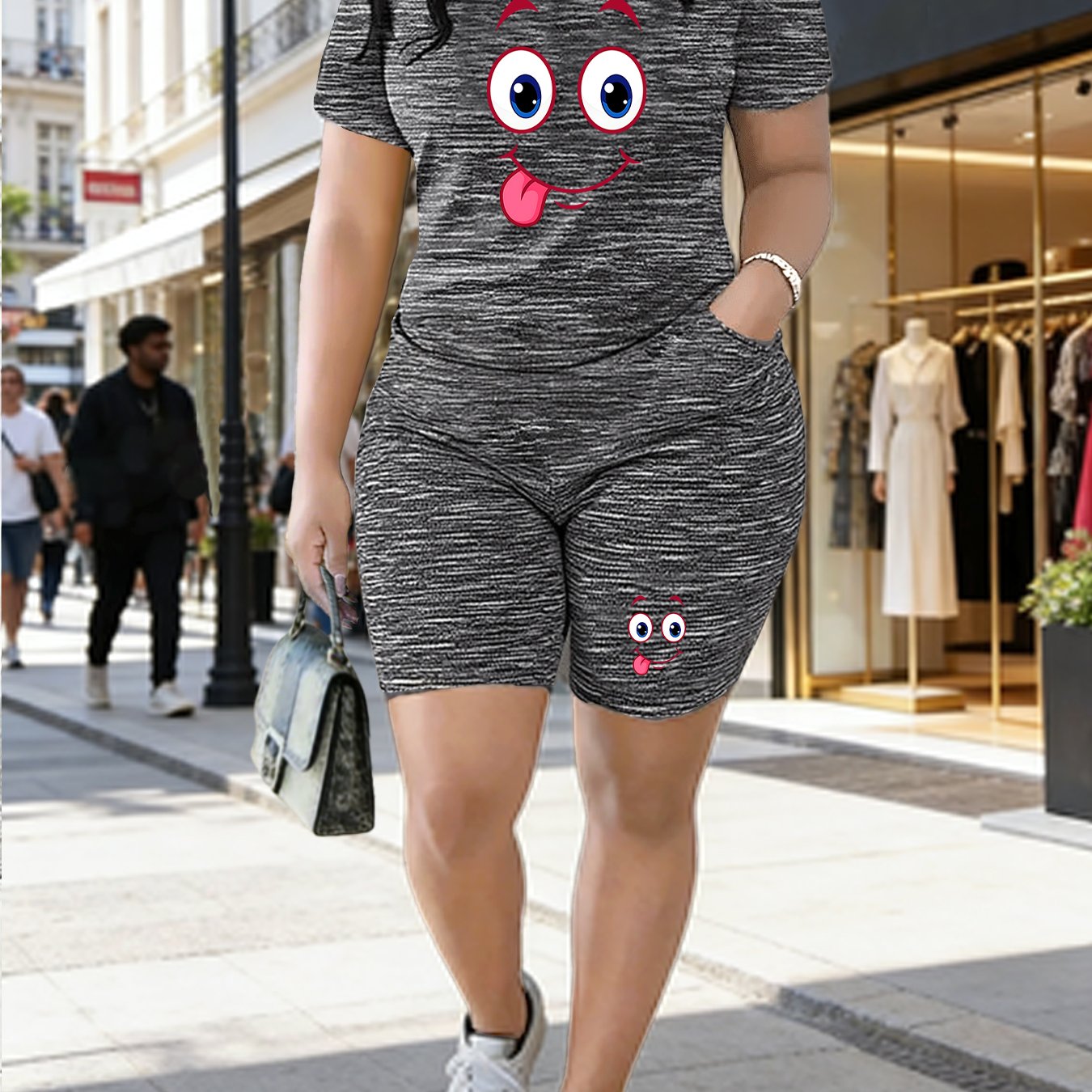 TEMU New Women's 2026 Casual Set Street Trendy Style Face & Printed Short Sleeve Shorts Set Short Sleeve Top And Pants With Pockets, Ideal For And