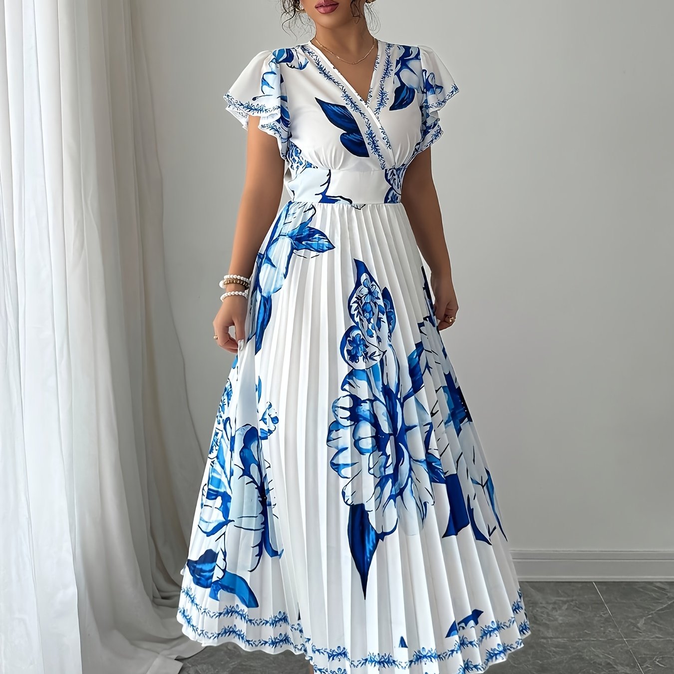 TEMU Floral Print Pleated Vacation Dress For Spring And Summer