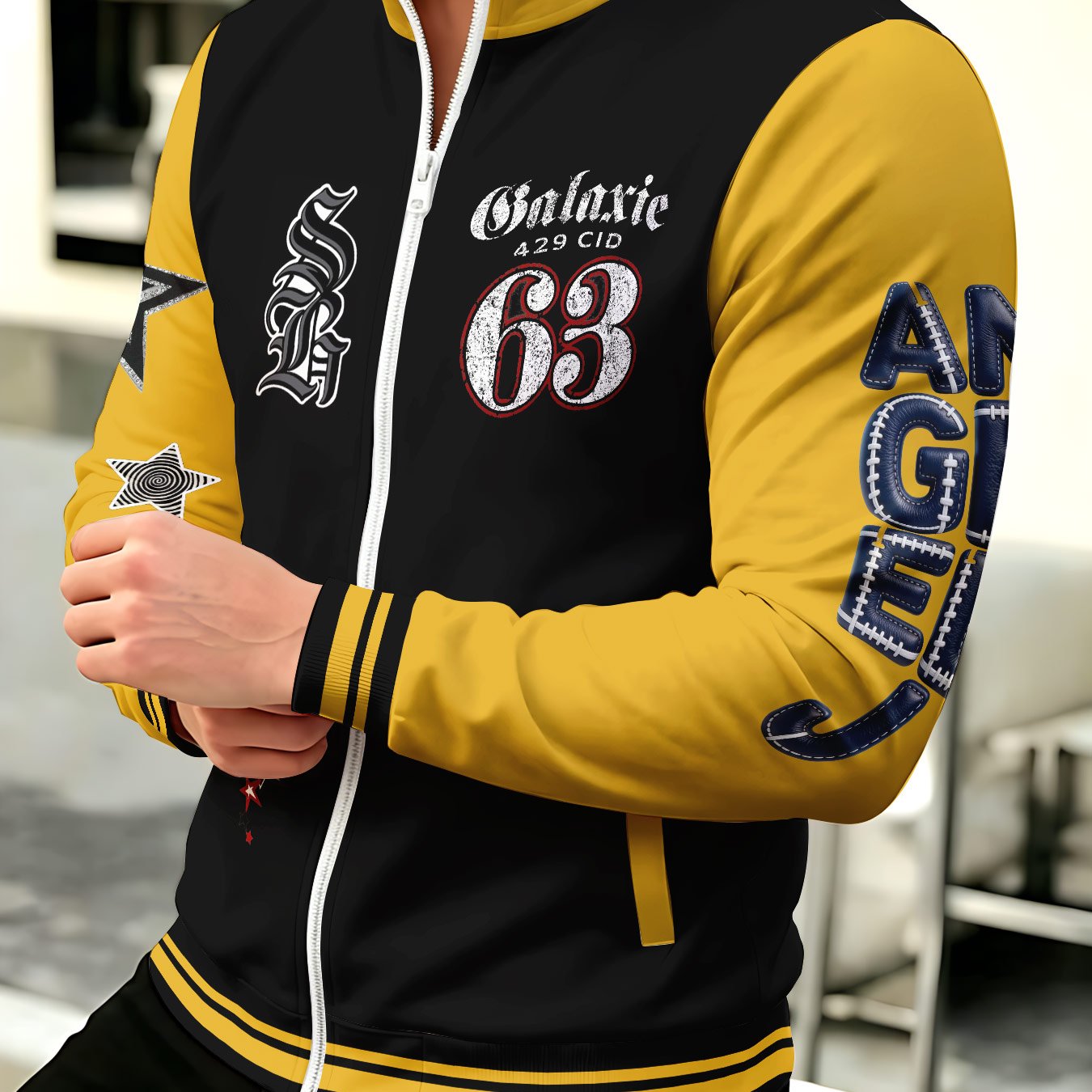 TEMU Men's Fashion Autumn/winter Jacket, Yellow And Black Color Block No. 63 Print, Stand Collar Zipper Casual Sportswear Top, Surprise Birthday