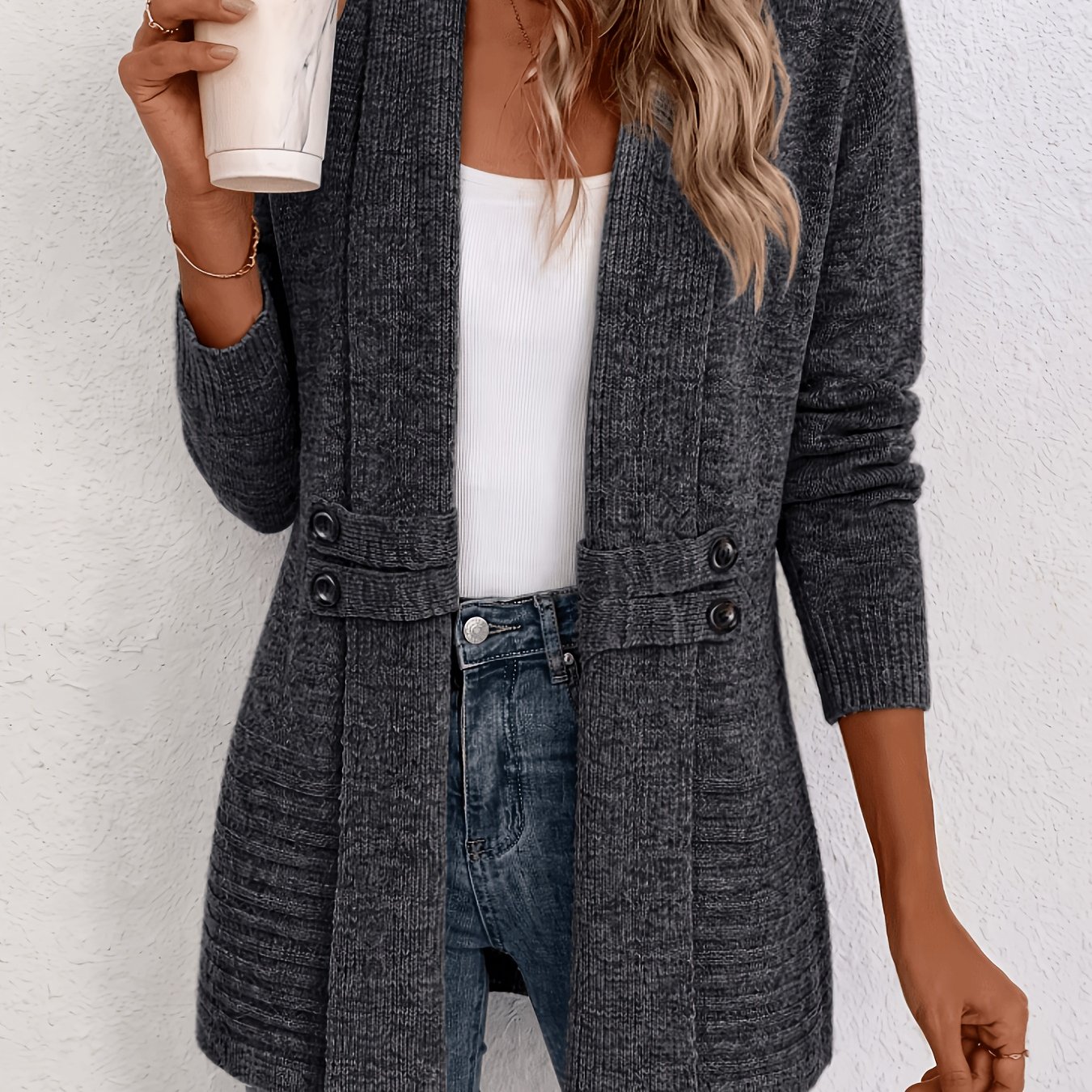 TEMU Cardigan décontracté de printemps et d'automne à double boutonnage avec ceinture décorative, châle et ceinture cintrée, cardigan polyvalent