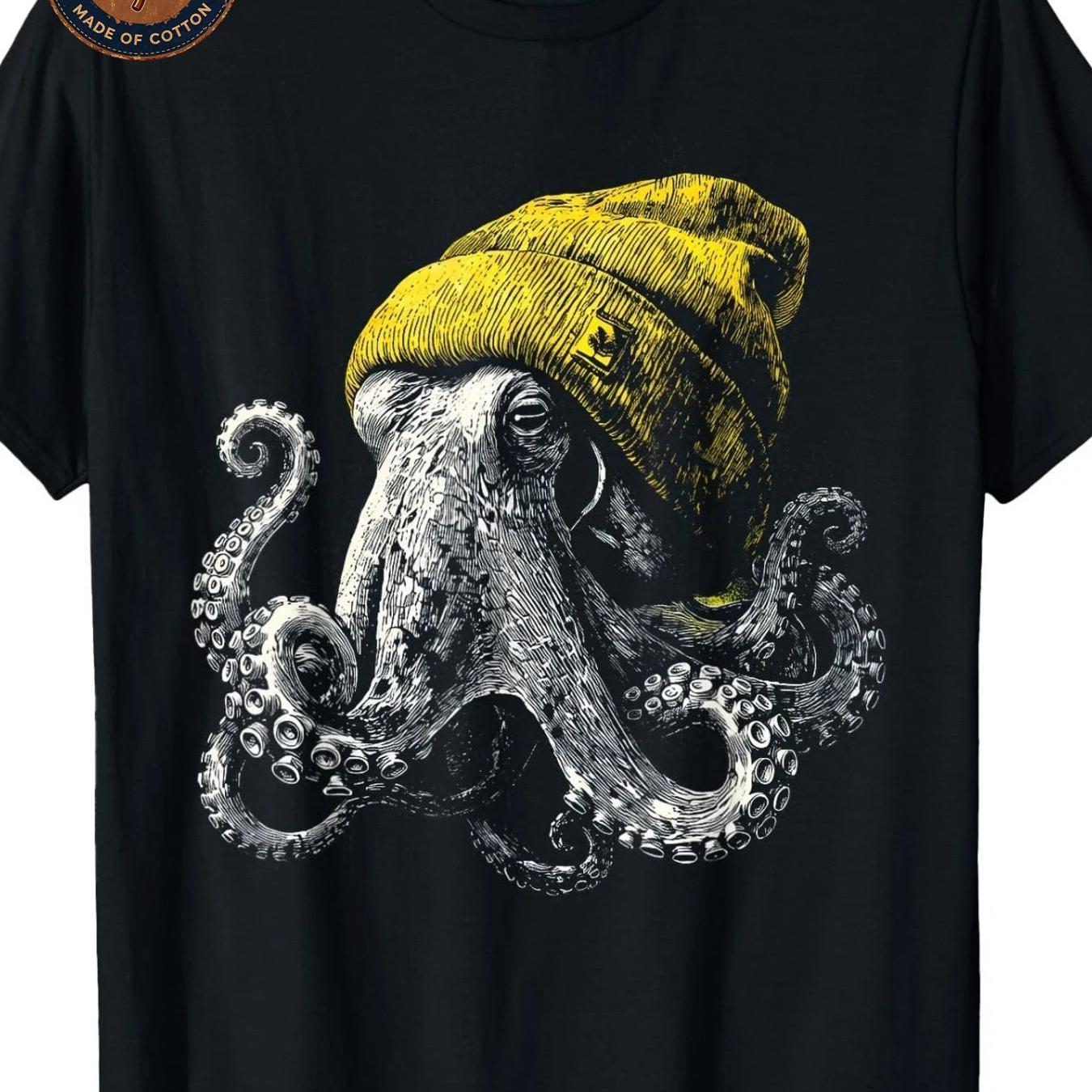 TEMU Men's T-shirt Octopus Wearing Beanie Cute Ocean Animal Print T-shirt Unisex Casual Breathable Soft Streetwear Summer Everyday Wear Outdoor