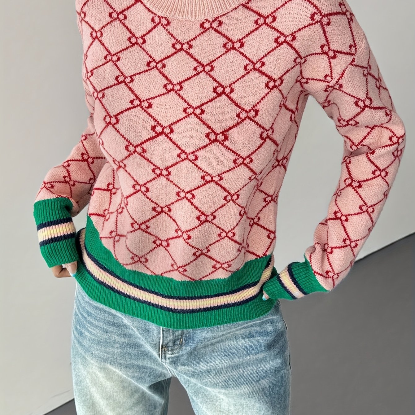 Geometric Embroidered Pattern Crew Neck Sweater - Autumn/winter Comfortable Long Sleeve Pullover