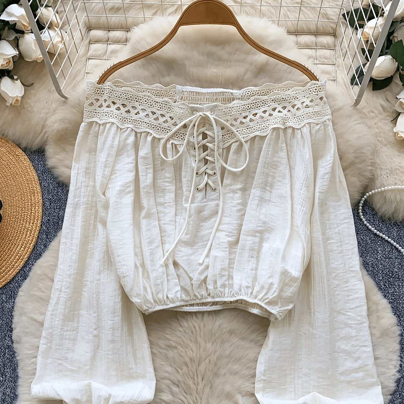 TEMU Women' Off-shoulder Lace Shirt, Long Sleeve Cinched Short Top, Bohemian Style Short Blouse, Spring/summer Collection, Ideal For Valentine's