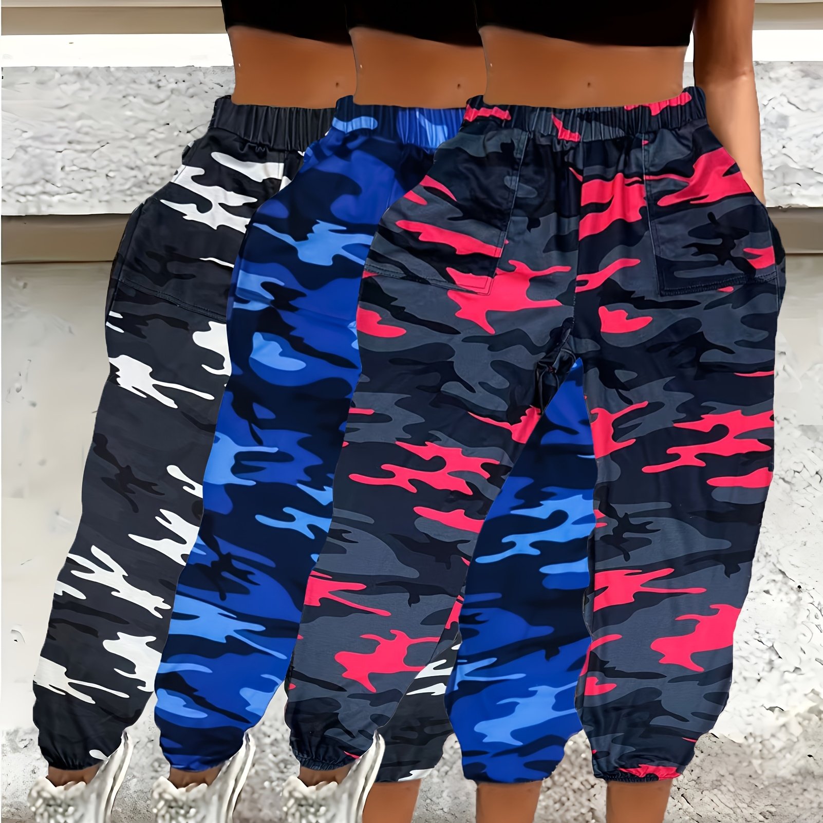 Set Of Three: New European And Comfortable Casual Camouflage Stretch Waist Long Pants For Women