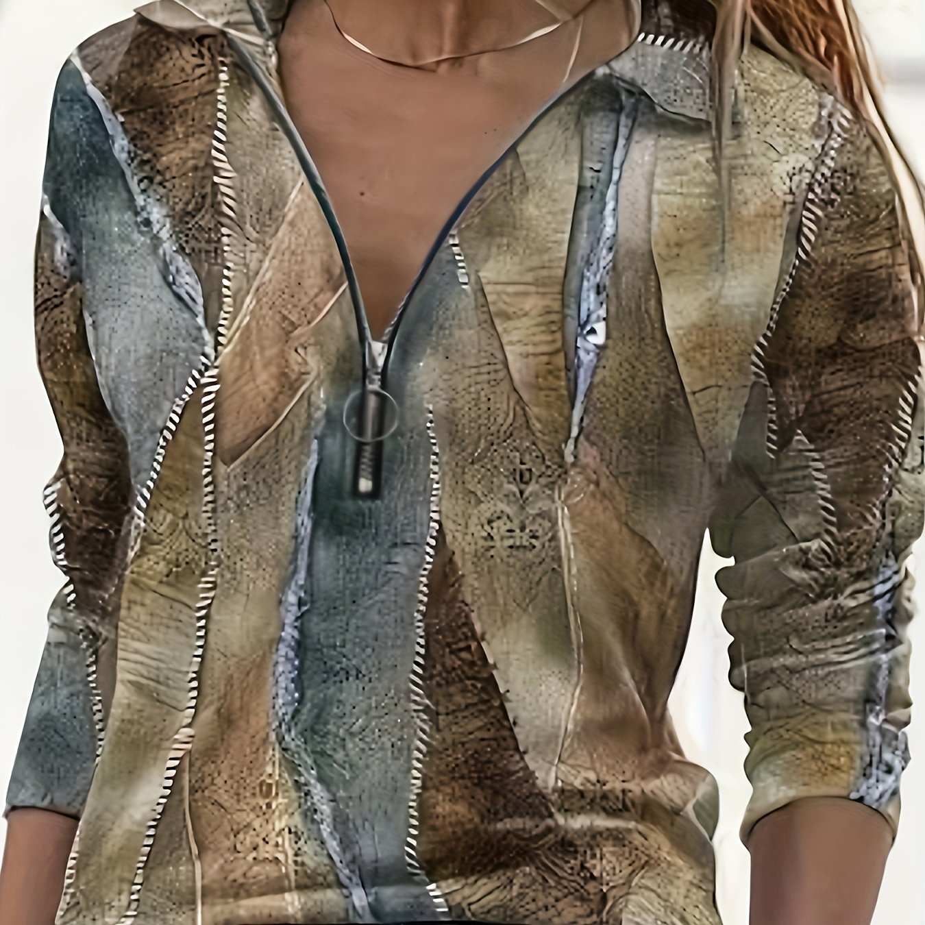 TEMU Women's T-shirt, T-shirt Pattern Quarter Zip Printed Long Sleeve Casual V-neck Women's T-shirt