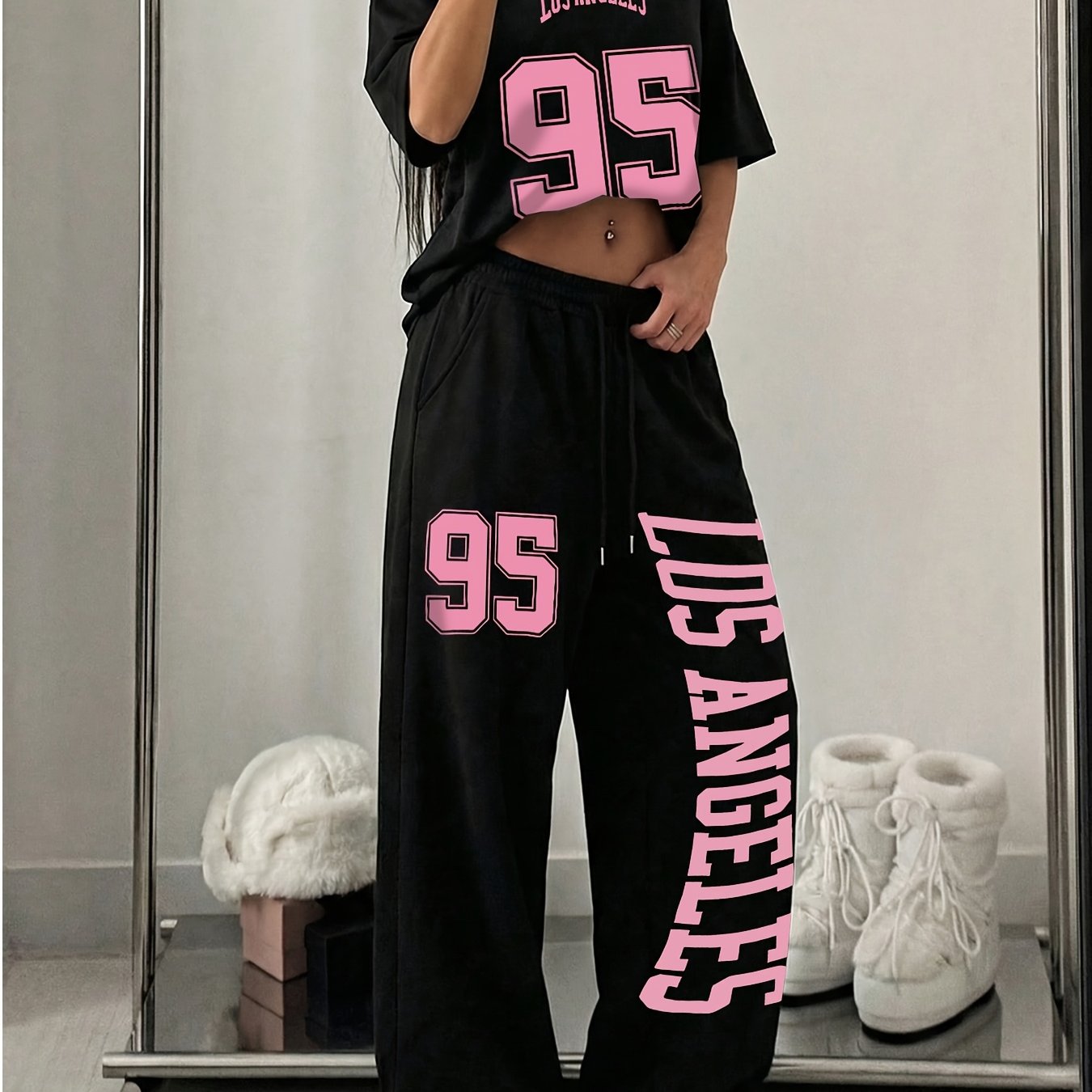 TEMU Women's Casual Streetwear "los Angeles" Pink Size 95 Printed Round Neck Short Sleeve Top And Loose Drawstring Pants Two-piece Set, Trendy Outfit