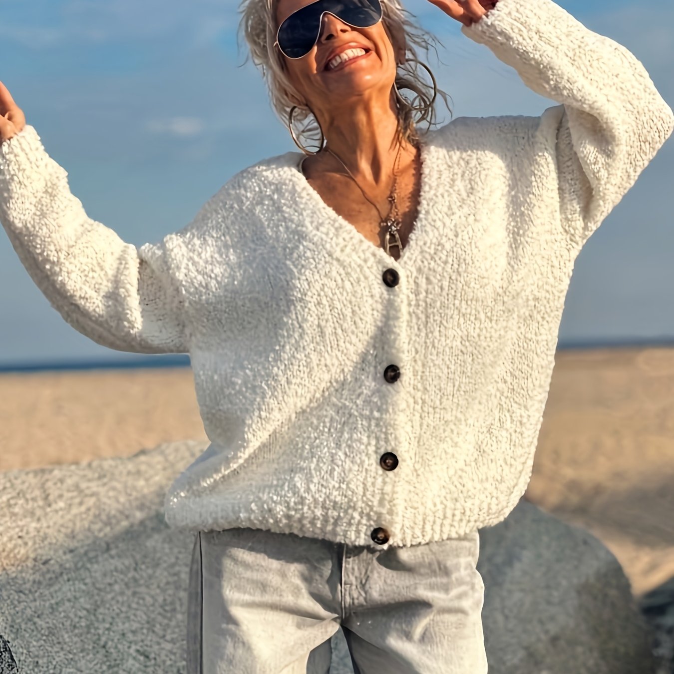 Plus Size, Plus-size Women's Button-up Cardigan | Soft And Comfortable Fabric | Warm And Stylish | Worn Alone Or As An Outer Layer | V-neck Design