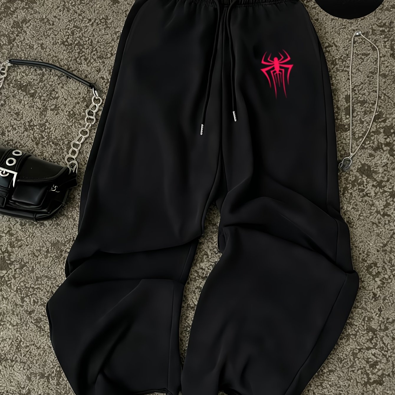 TEMU Pantalon de survêtement une pièce facile motif araignée style coréen décontracté automne hiver chaud style pour femmes, , convient aux sorties