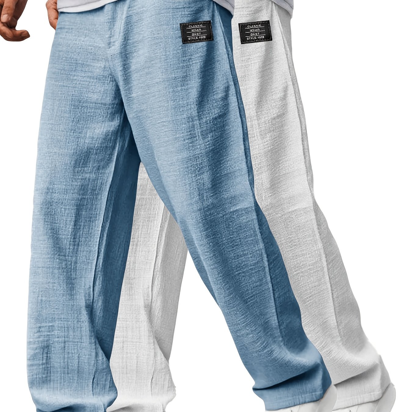 2pcs Men's Casual Cotton Trousers With Embroidered Patch, Drawstring Waistband, Elastic Waistband, And Pockets