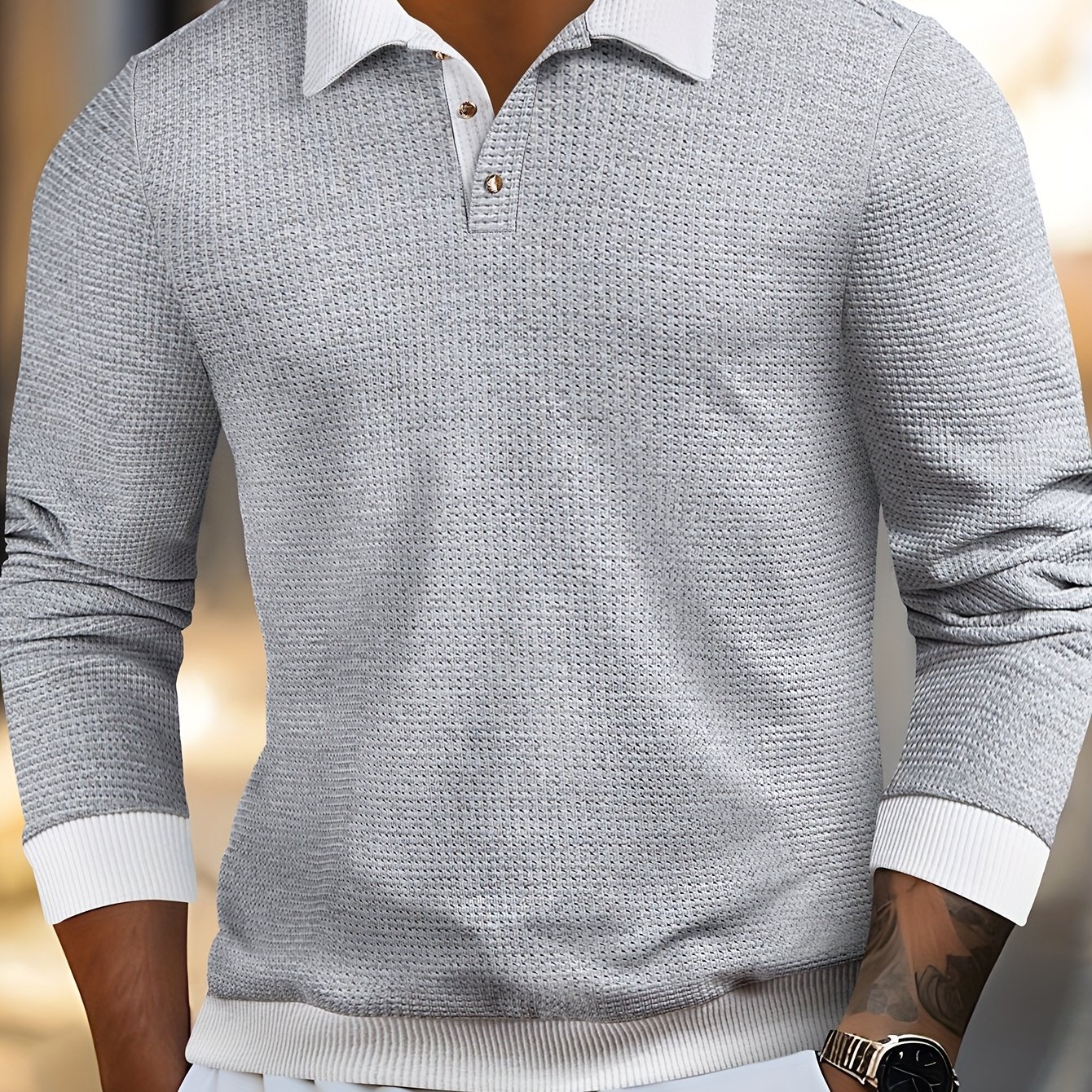 Men's Textured T-shirt Pullover With Contrast Color Waffle Knit Splicing, Ribbed Cuffs And Hem, And Metal Accent, Long Sleeve Outdoor Casual Shirt