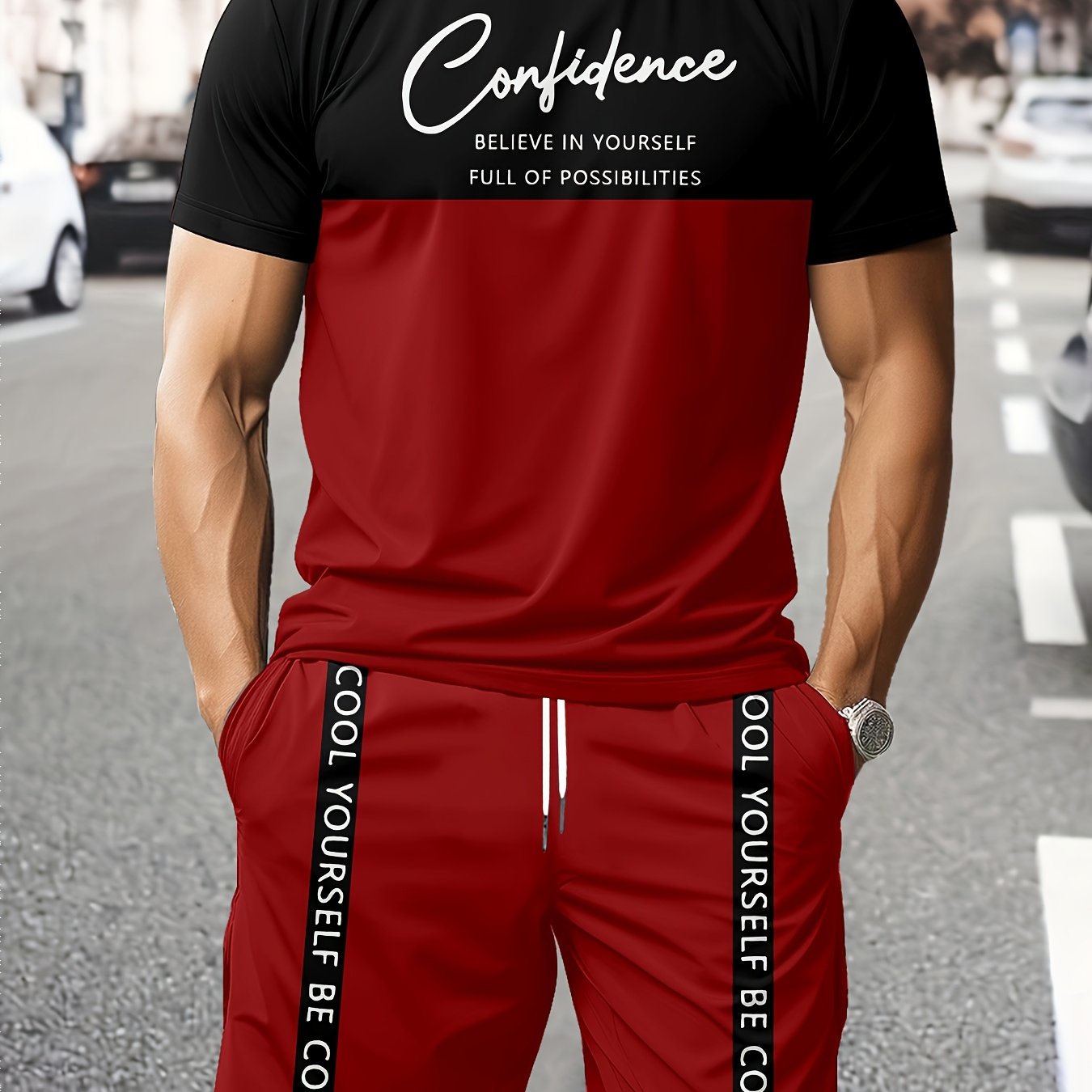 TEMU Conjunto Casual Inspirador para Hombre "" Estampado Digital en Bloques de Color: Camiseta + Shorts 2 Piezas