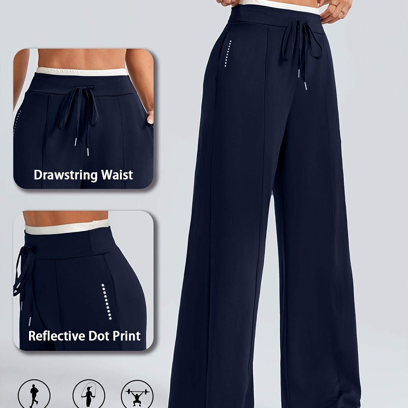 TEMU Women's Casual Athletic Double Waistband Loose Wide-leg Long Pants With Pockets