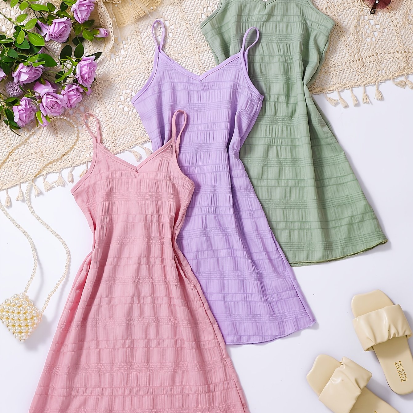Girls' 3pcs Solid Color Woven Sports Casual V-neck Tank Dresses