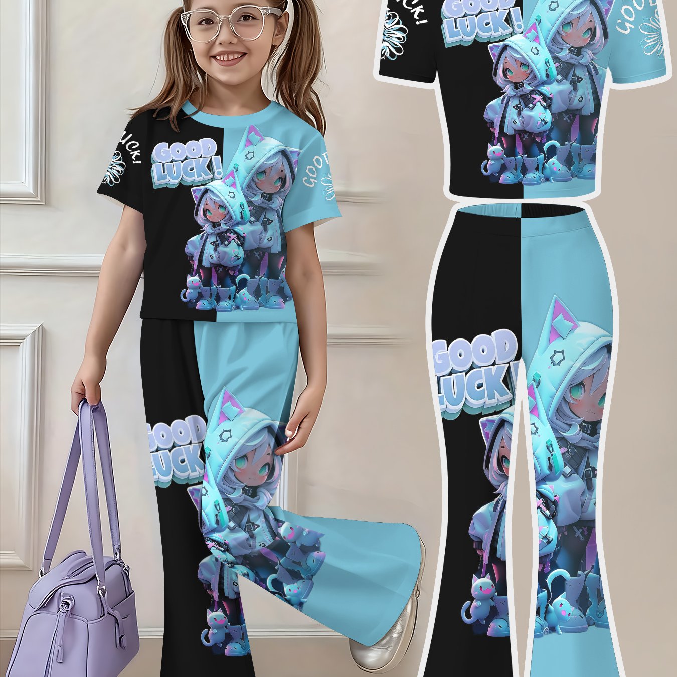 Girls' Fashion Set, Short-sleeve T-shirt And Flare Pants Two-piece Outfit, Cute Casual Wear, For Outdoor