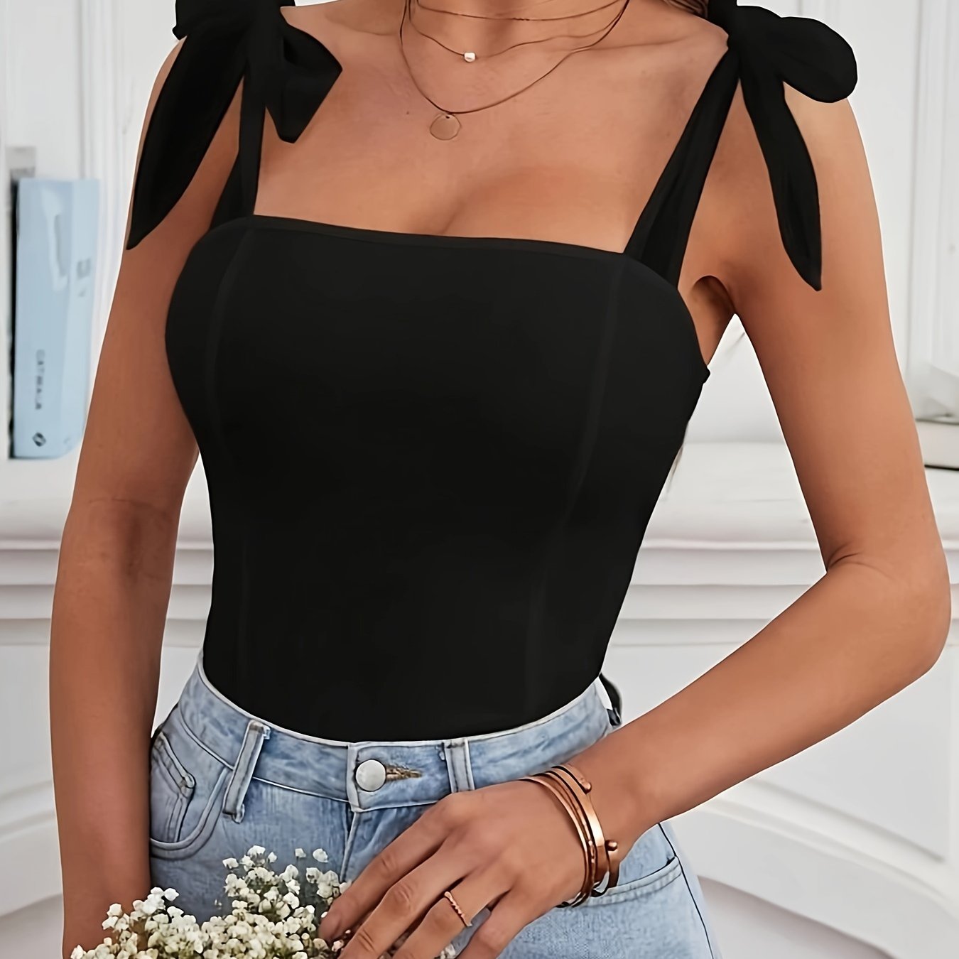 Solid Tie Strap Backless Tank Top Elegant Sleeveless Top - Temu