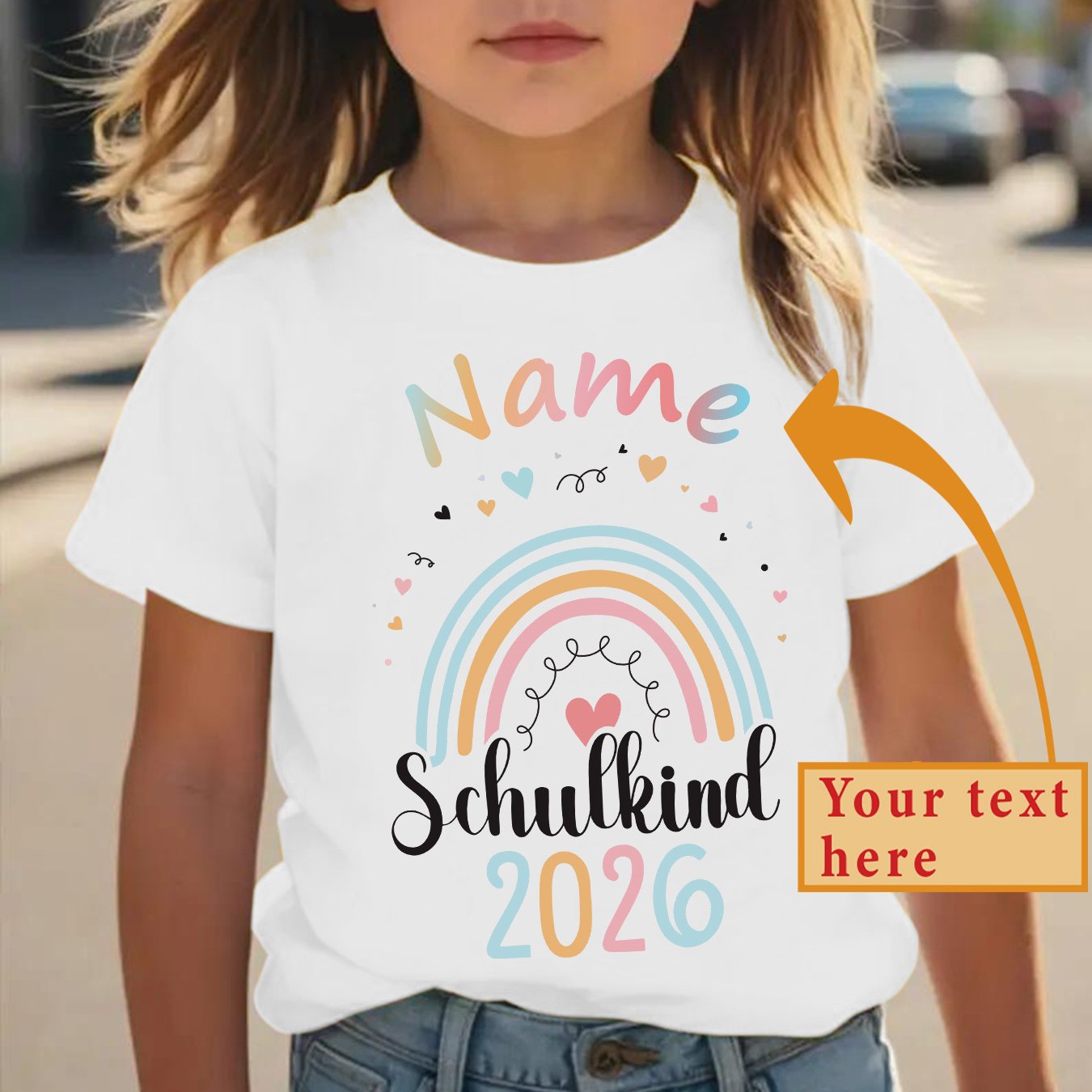 Girls' Fashion Custom Children's T-shirt "schulkind 2026 +name" Heart-shaped Colorful Arch Letter Cartoon Pattern Print Cute Short-sleeve T-shirt Casual Top Dz9866