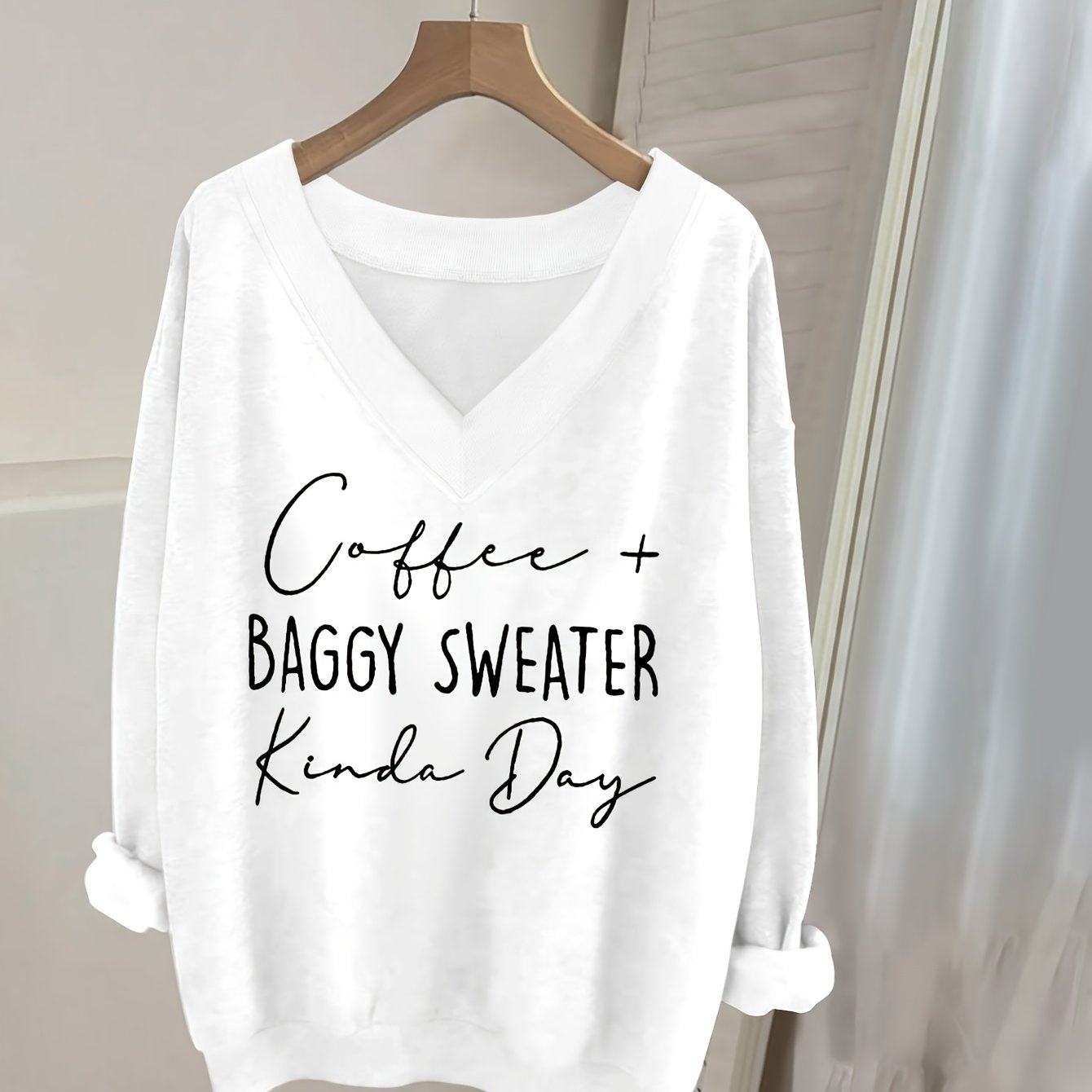 TEMU Casual V-neck Long Sleeve Sweatshirt With Letter Print, Women's Long Sleeve T-shirt, Long Sleeve Top, Fashion Top