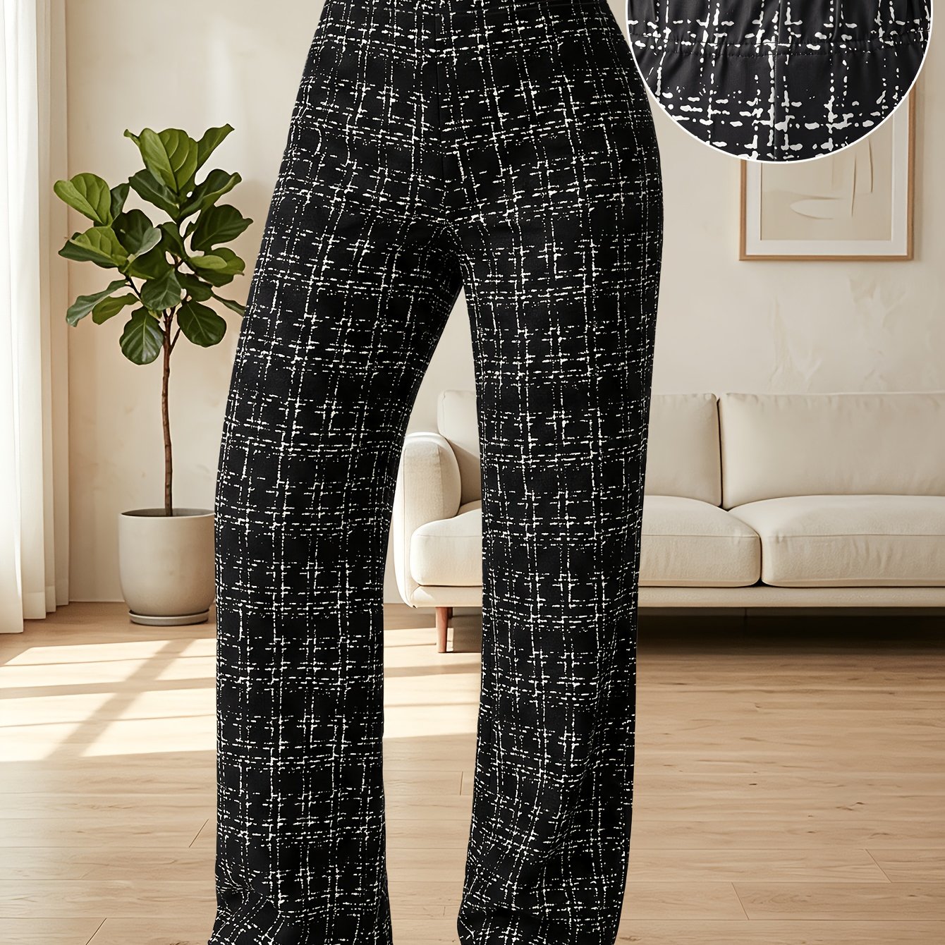TEMU Women's Vintage Style Plaid Casual Straight-leg Trousers, Autumn/winter Elastic Waist Loose Fit Flattering Commuter Versatile Jogging Pants
