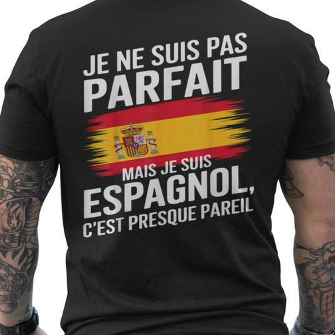 TEMU Parfait Mais Humour Espagnol Cadeau Espagne T-shirt Imprimé au Dos - T-shirt Homme - 100% Coton - Col Rond - Tissu Confortable et Respirant -