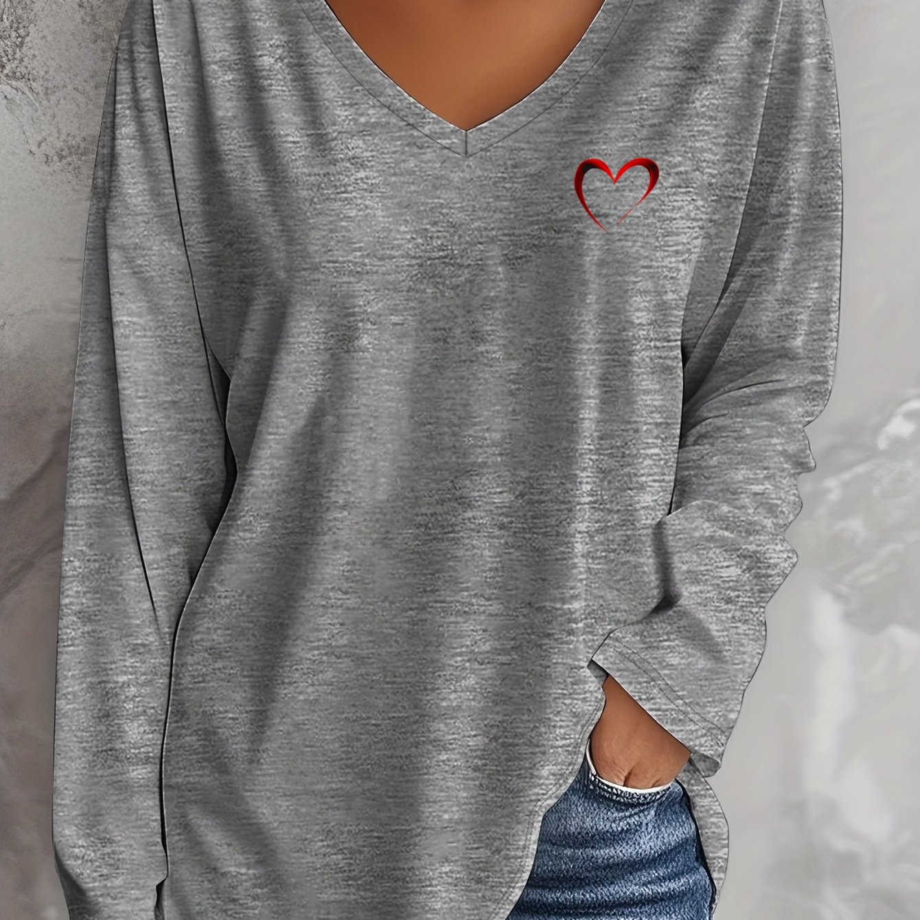 TEMU Valentine's Day New Autumn And Winter Collection Stylish Plus-size Women's Casual Red Heart Pattern Printed V-neck Loose Long-sleeve T-shirt