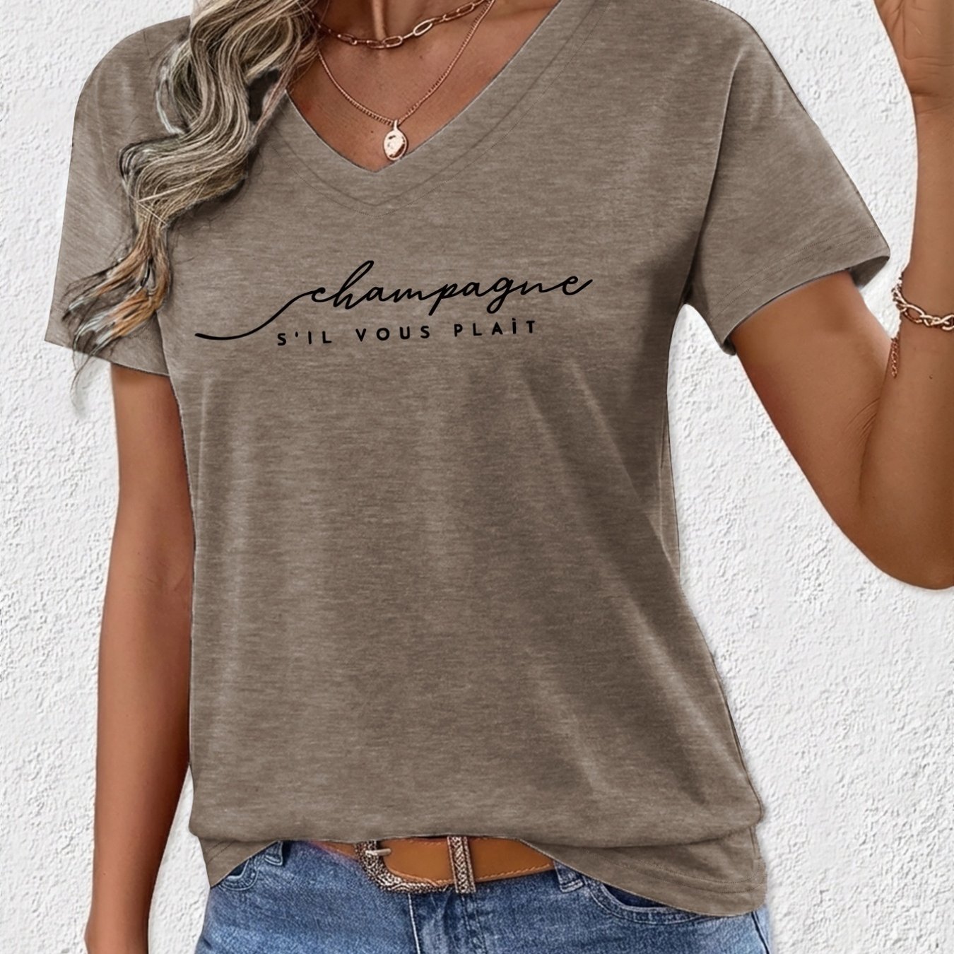 TEMU Plus Size - Plus Size - Champagne, Please. Women's Casual Everyday V-neck Loose-fitting Versatile Breathable Short-sleeve T-shirt Top Pd-921
