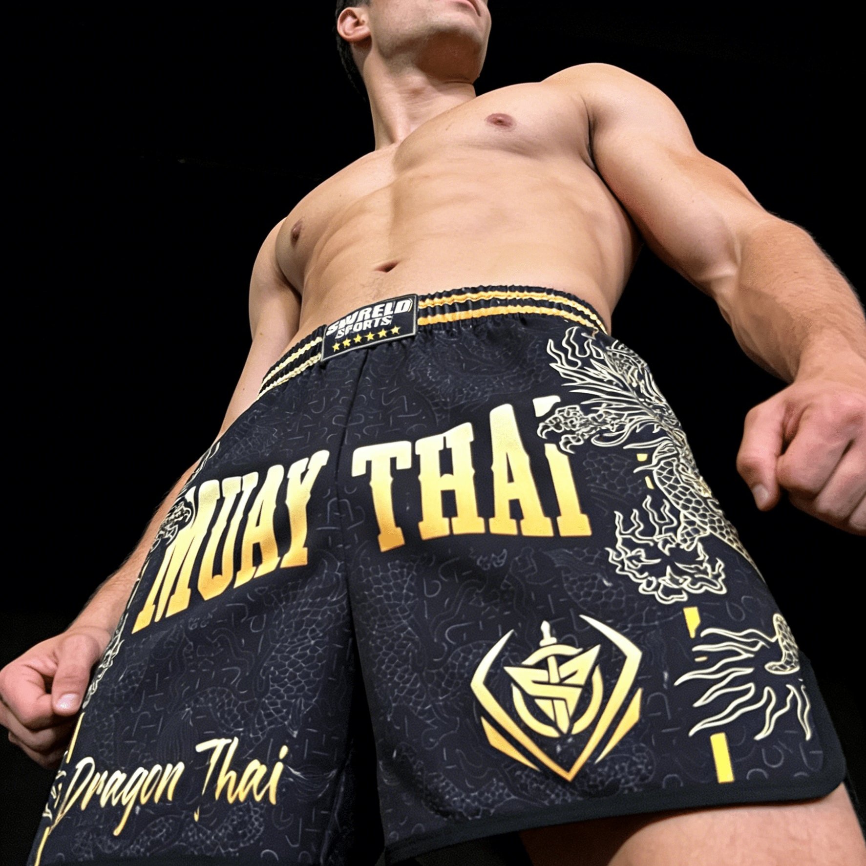 Image of Muay Thai Lettering Pattern Mixed Martial Arts Combat Training Drawstring Shorts For Sports, Running, And Casual Wear, Muay Fitness Quick-dry Shorts