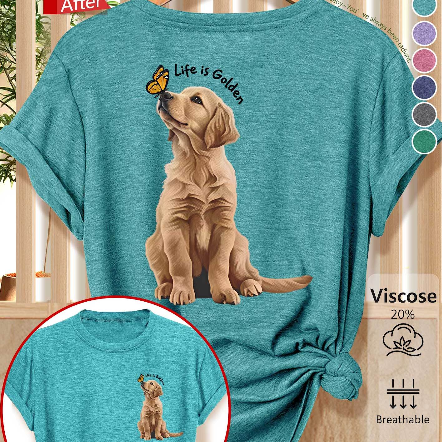 TEMU Plus Size Women's T-shirt With Golden Retriever And Gentle Hand-drawn Cartoon Double-sided Print, For Daily Streetwear, Commuting, Vacation, And
