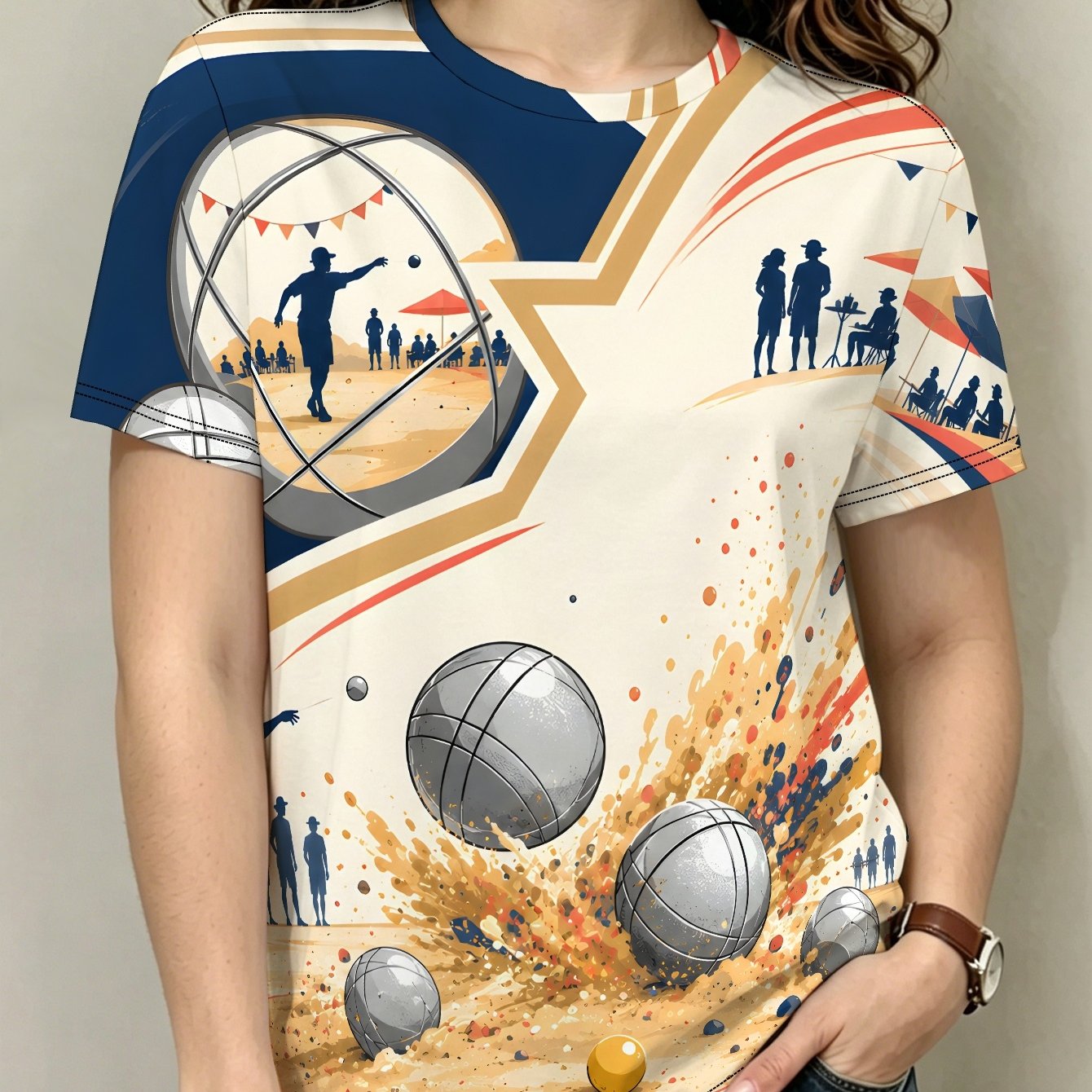 TEMU Teediy Women's French Petanque T-shirt - Full-body Print Round Neck Short Sleeve Top With Petanque , Casual Summer Beachwear Suitable For Summer