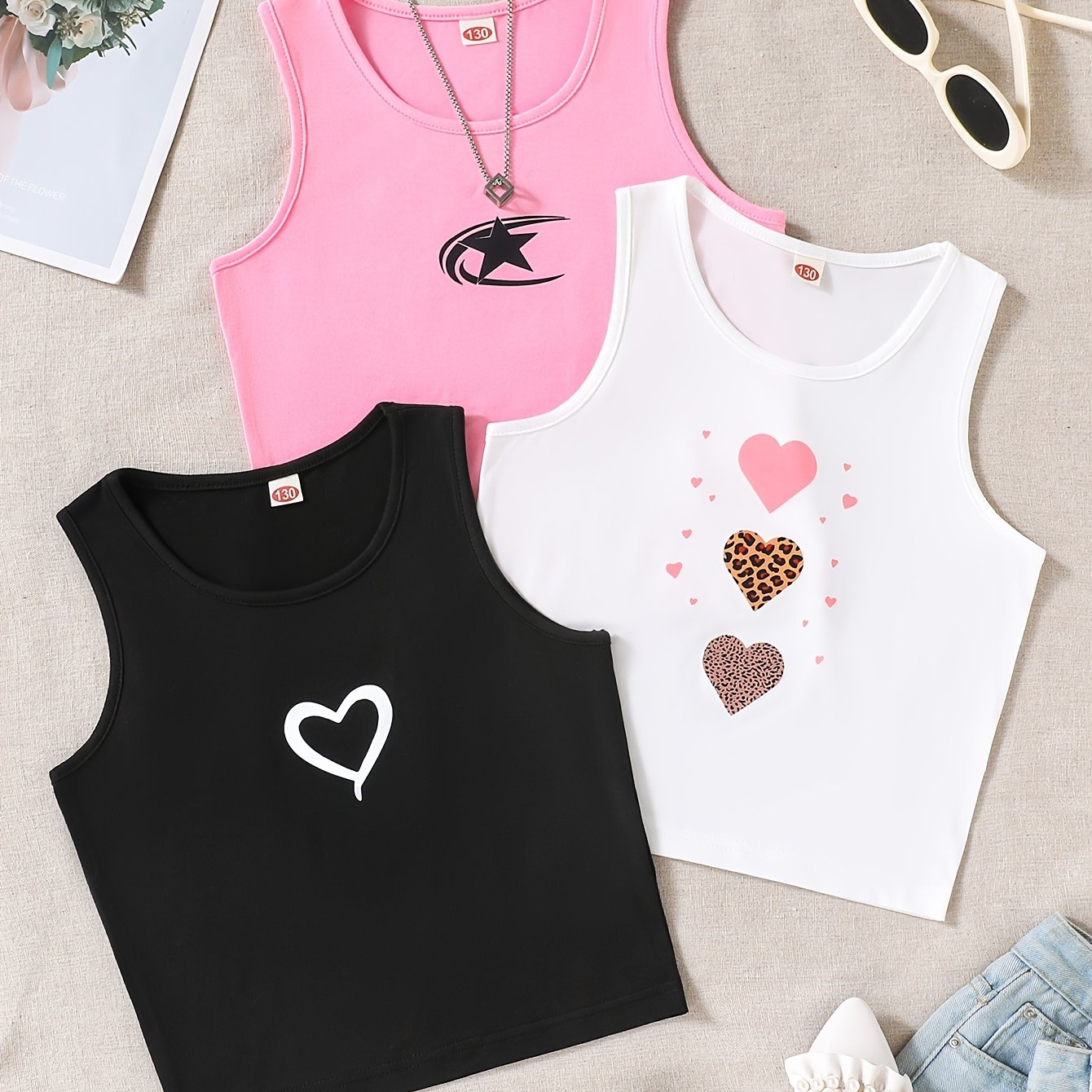 Summer Girls' Simple And Versatile Casual Vest Set Of 3pcs