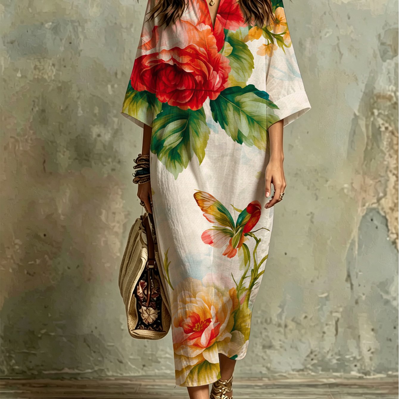 Image of Plus Size, Fashion Casual Kaftan Dress With Vibrant Peony And Print, Lightweight Breathable Fabric, Loose Fit, Elegant , Perfect For Beach Vacation, Summer Parties, Daily Wear