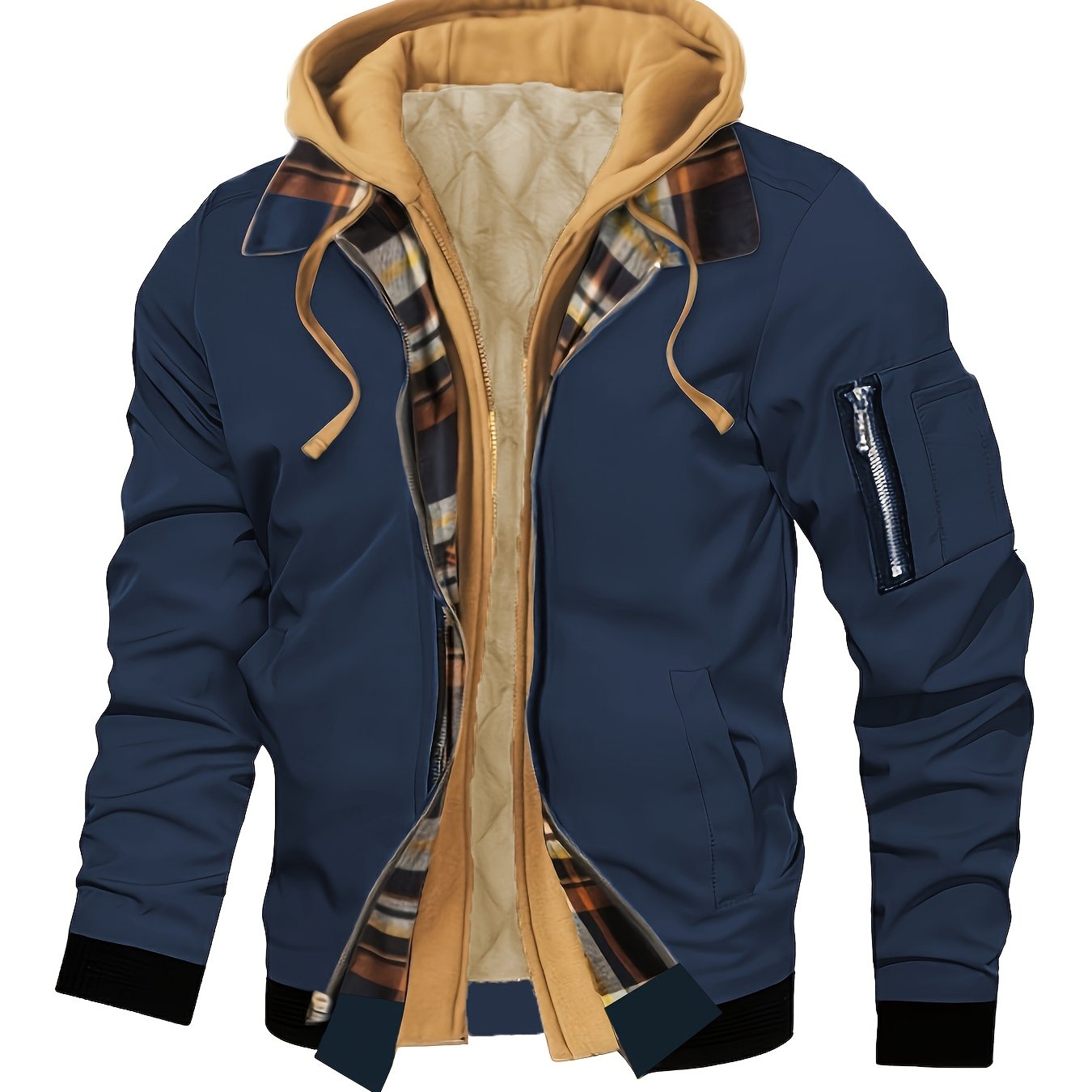 Men's -lined Warm Hooded Jacket With Zipper, Regular Fit With Pockets, Suitable For Winter Wear