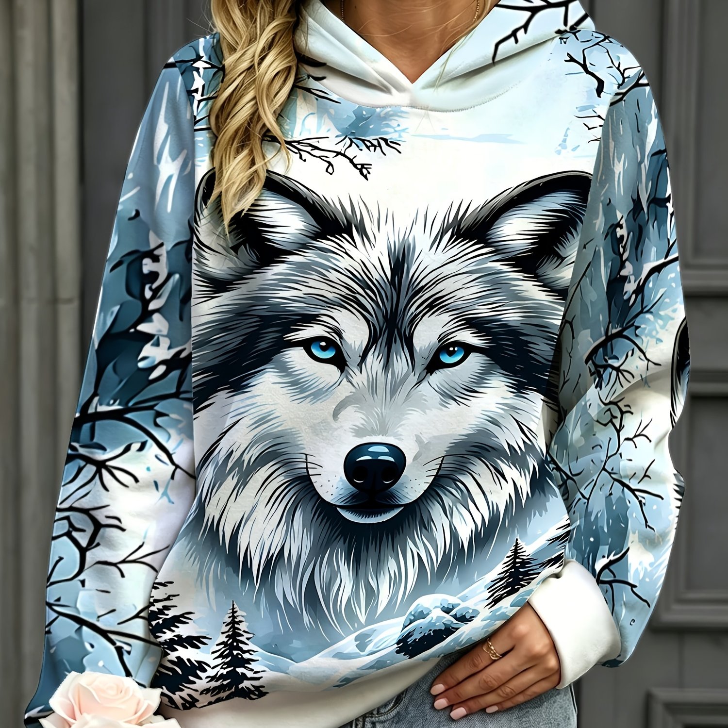 TEMU [printed Design â Not Textured] Women's Fashion Hoodie, Artistic Wolf Pattern, Casual Daily Wear, Winter Design, Stylish Women's Top.